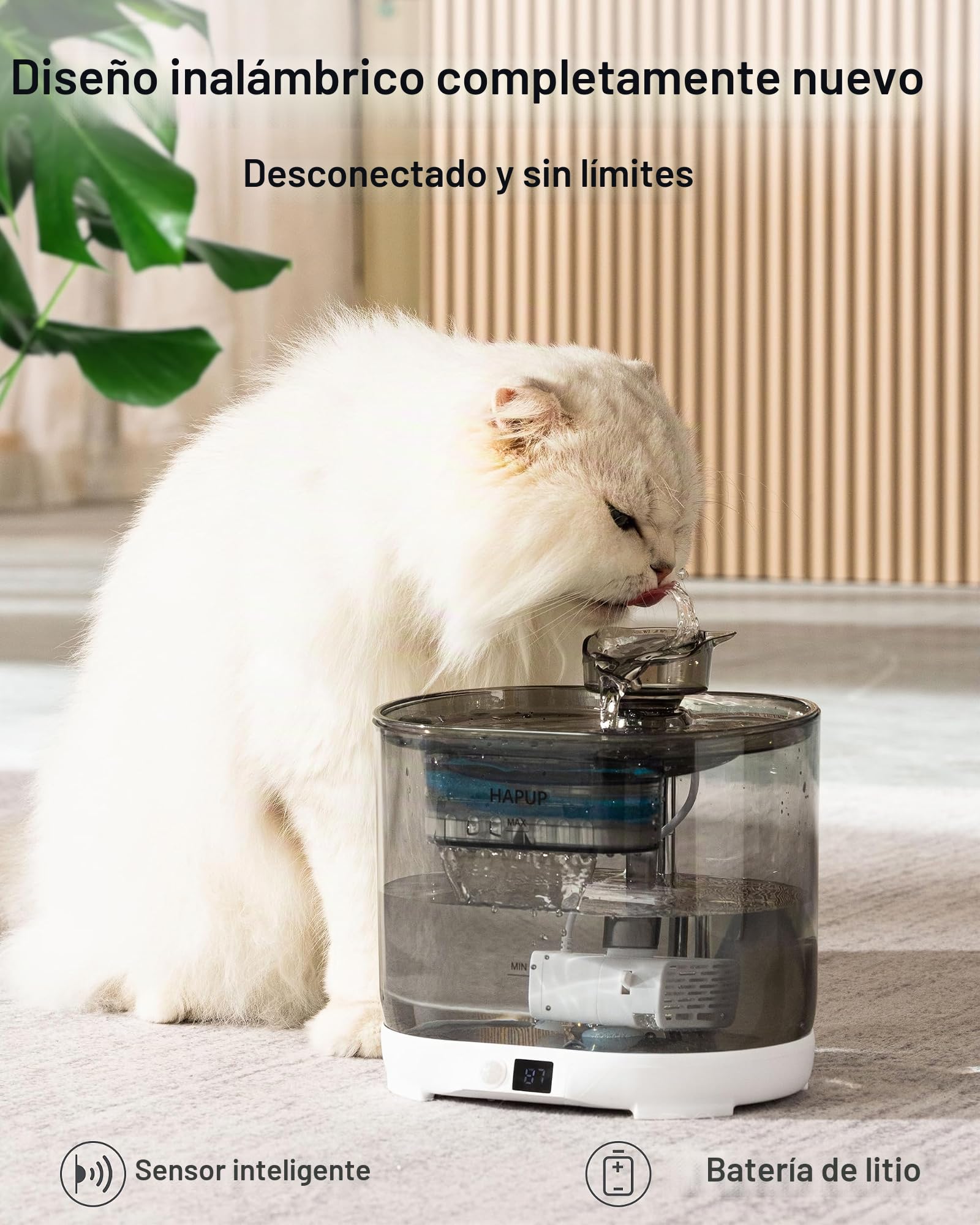 HAPUP Fuente de agua para Gatos sin Cable, 2,2L - Bebedero Automatico con Sensor de Movimiento, Pilas de 5000 mAh, Bomba Silenciosa y Filtro