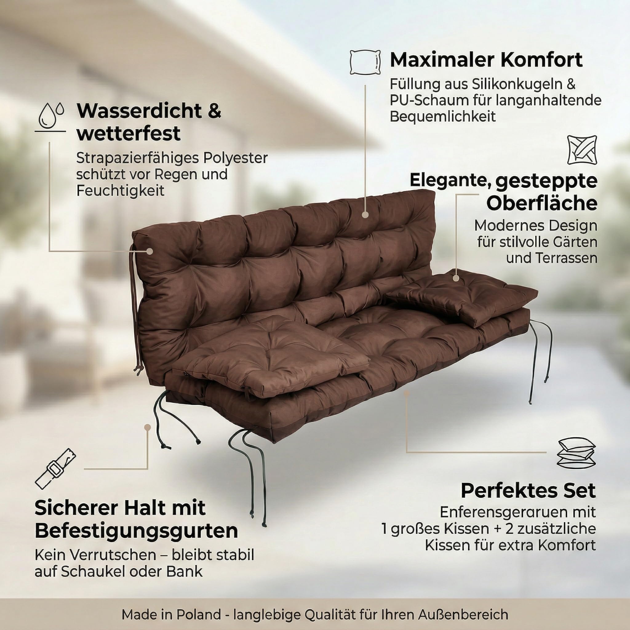 wasserabweisendes Kissen für Hollywoodschaukel & Gartenbank 120 cm - Schaukelkissen Outdoor Wetterfest, Gesteppt, Silikonkugeln + PU-Schaum Füllung – Bankauflage Gartenkissen (Braun)