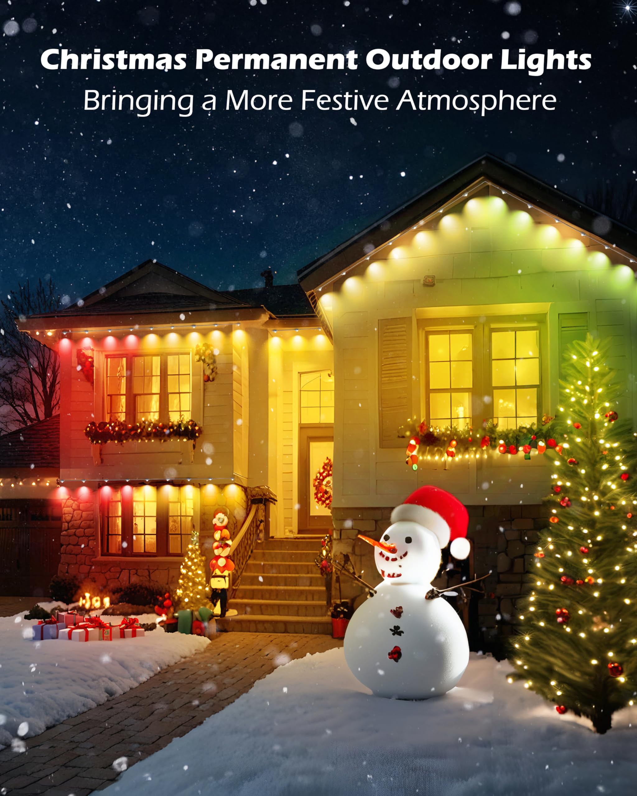 Luces de Navidad permanentes – Luces permanentes para exteriores de 50 pies para casa, IP65 impermeables LED permanentes luces de Navidad para exteriores, luces RGB para decoración de Navidad