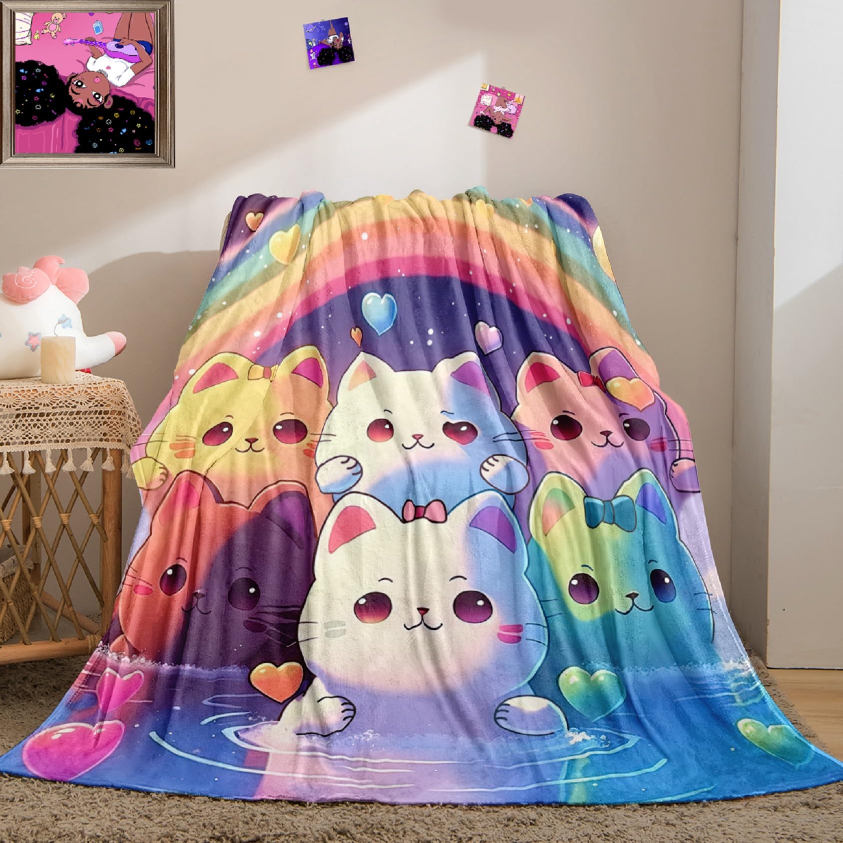 Jiospet Kids Cat Throw - Rainbow Cat Blanket for Girls Room, Gift for Christmas, Halloween, Valentine's Day, Easter, Teenager, Child, 50