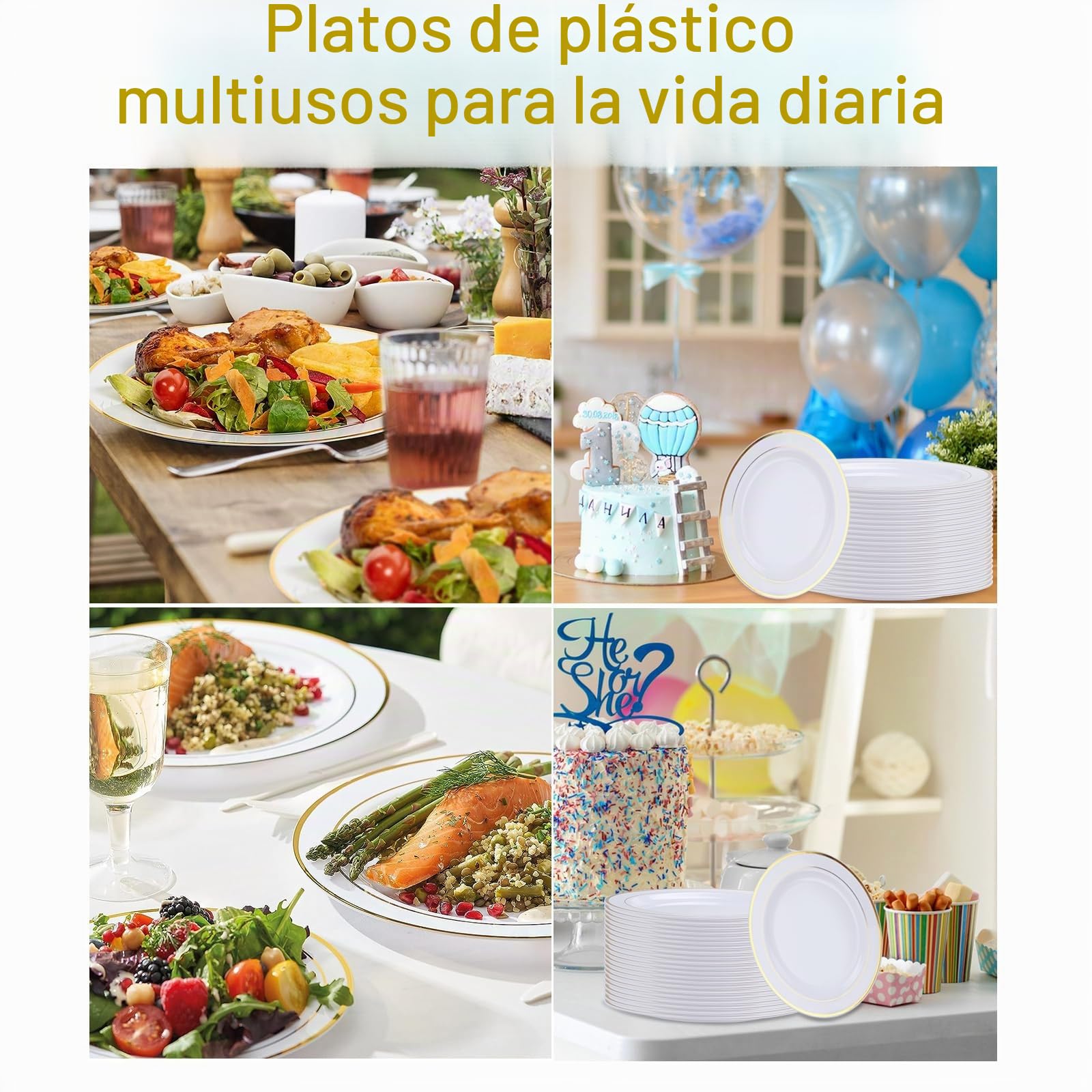 Juego de 40 platos de plástico blancos de 26 cm, platos de plástico reutilizables, platos de plástico reutilizables, platos de fiesta, vajilla de plástico, platos de fiesta con borde dorado