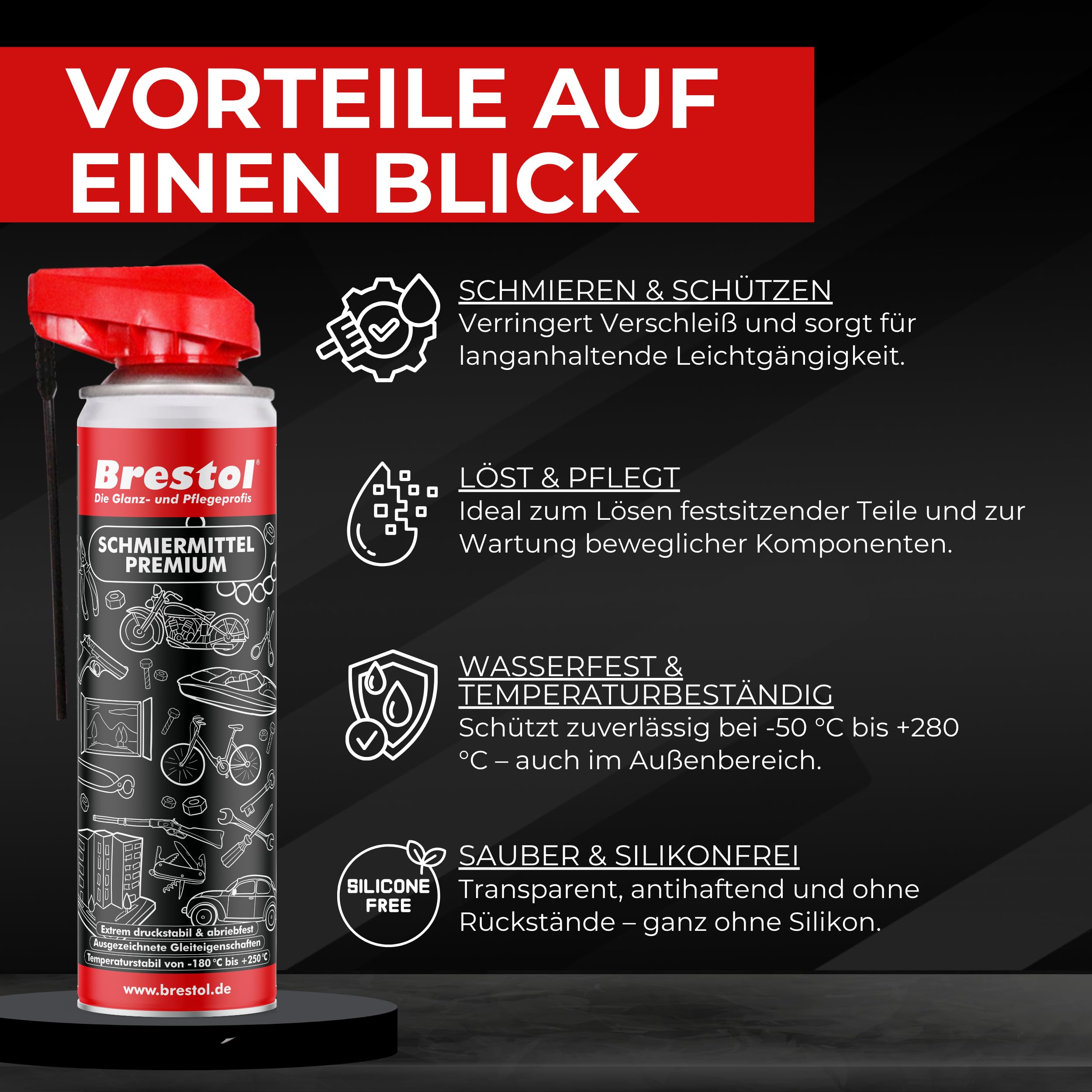 PTFE Spray 4x 400 ml - 10 in 1 Schmierspray auf PTFE-Basis Schmiermittel Kettenspray Rostlöser Kriechöl Schneidöl Trennmittel Korrosionsschutz Kontaktspray Zahnradspray Feuchtigkeitsverdränger