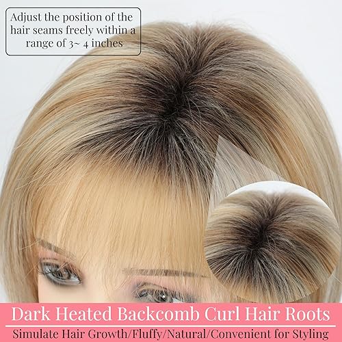 Miniatura 7 de RENERSHOW Peluca corta con reflejos rubios Pixie Bob con flequillo, peluca sintética de color rubio degradado con raíces oscuras en capas rubias