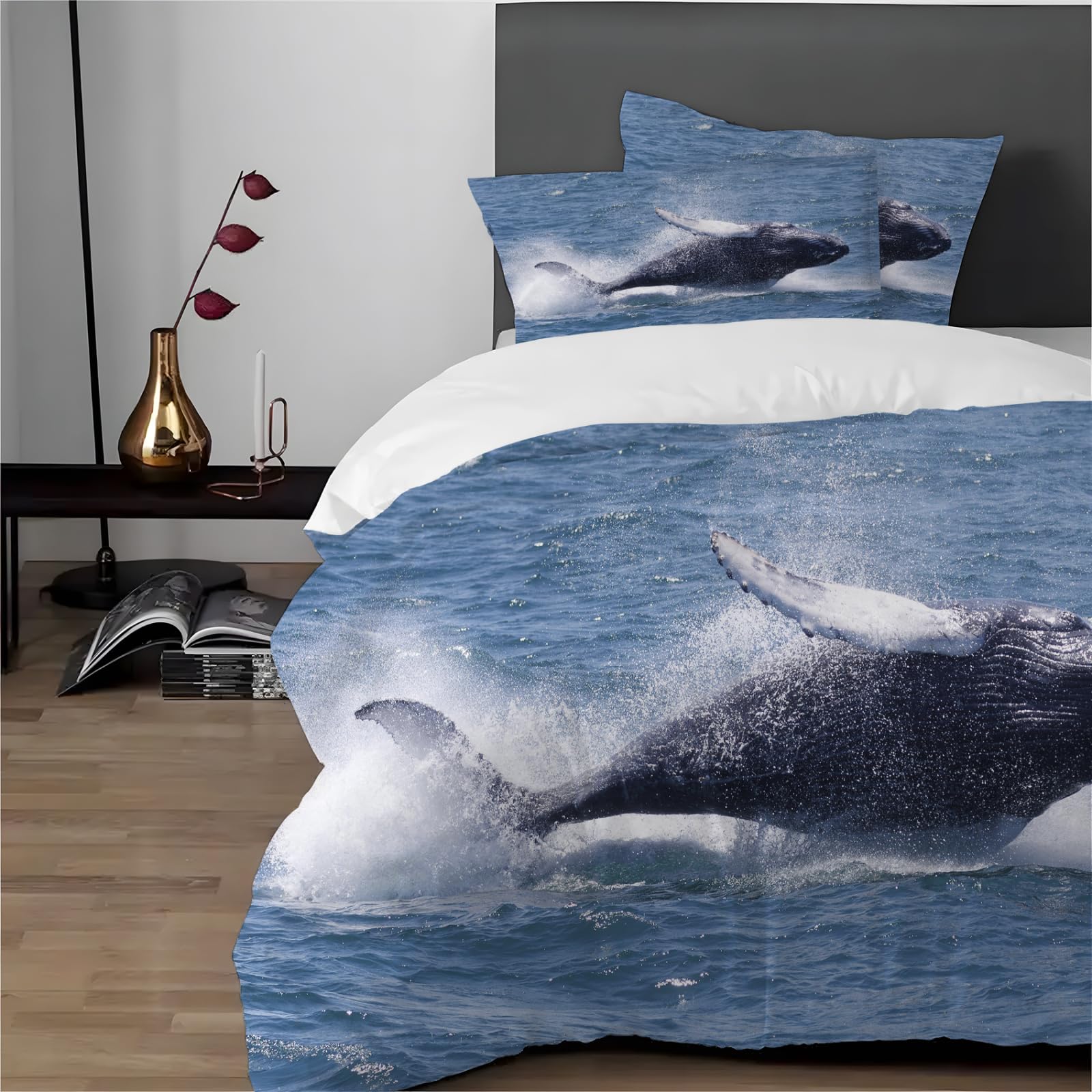 Housse De Couette 200x200 Baleine Parure De Lit 2 Personnes, Linge De Lit Animaux Marins Dessin Animé En Microfibre Avec Taies D'oreiller 65x65, Bleu F92