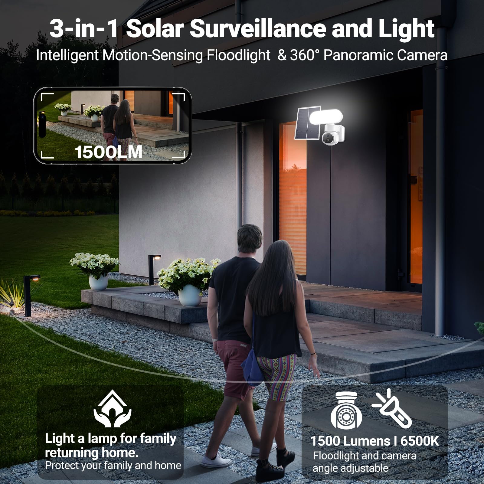 Cámara de seguridad solar para exteriores, cámara de seguridad WiFi con panel solar, seguimiento automático, visión nocturna a color