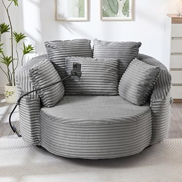 360 Swivel Accent Barrel Chair, Round Corduroy Lounge Sofa Seat with Adjustable Phone Holder, 5 Plush Throw Pillows, Foam Cushion, Cozy Reading Chair for Living Room Office Hotel Grey