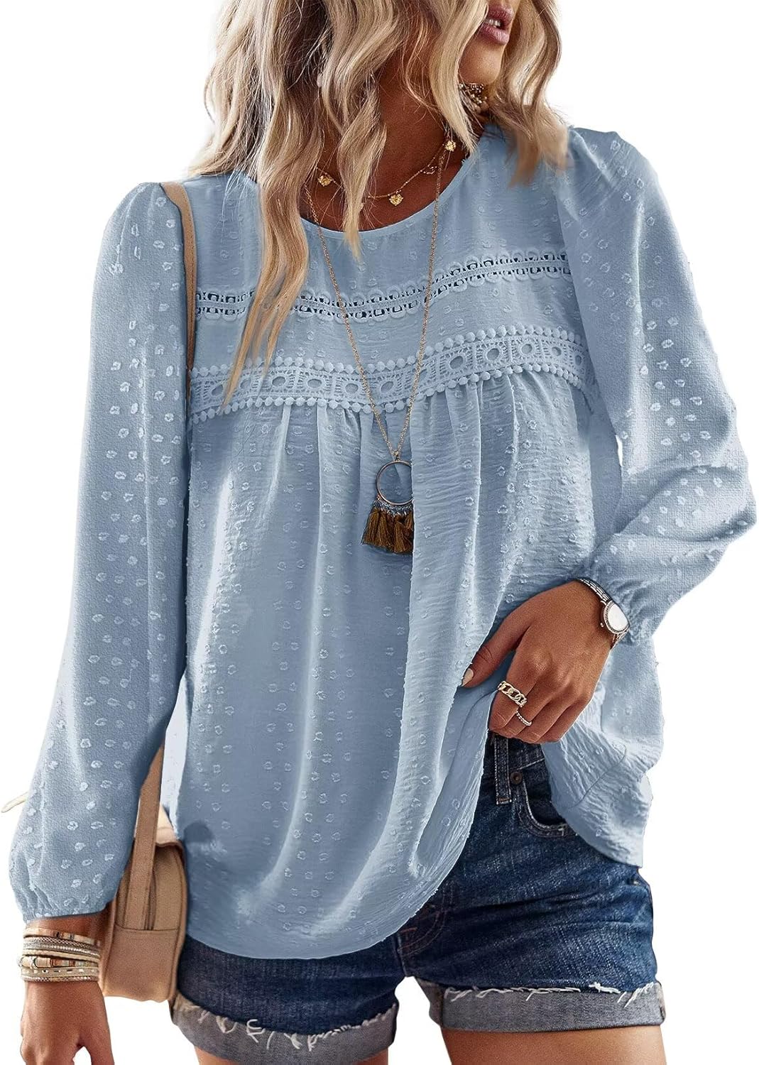 Boho Tops for Women Long Sleeve Shirts Crewneck Flowy Womens Blouses Dressy Casual Lace Hem Clothing Trendy 2026