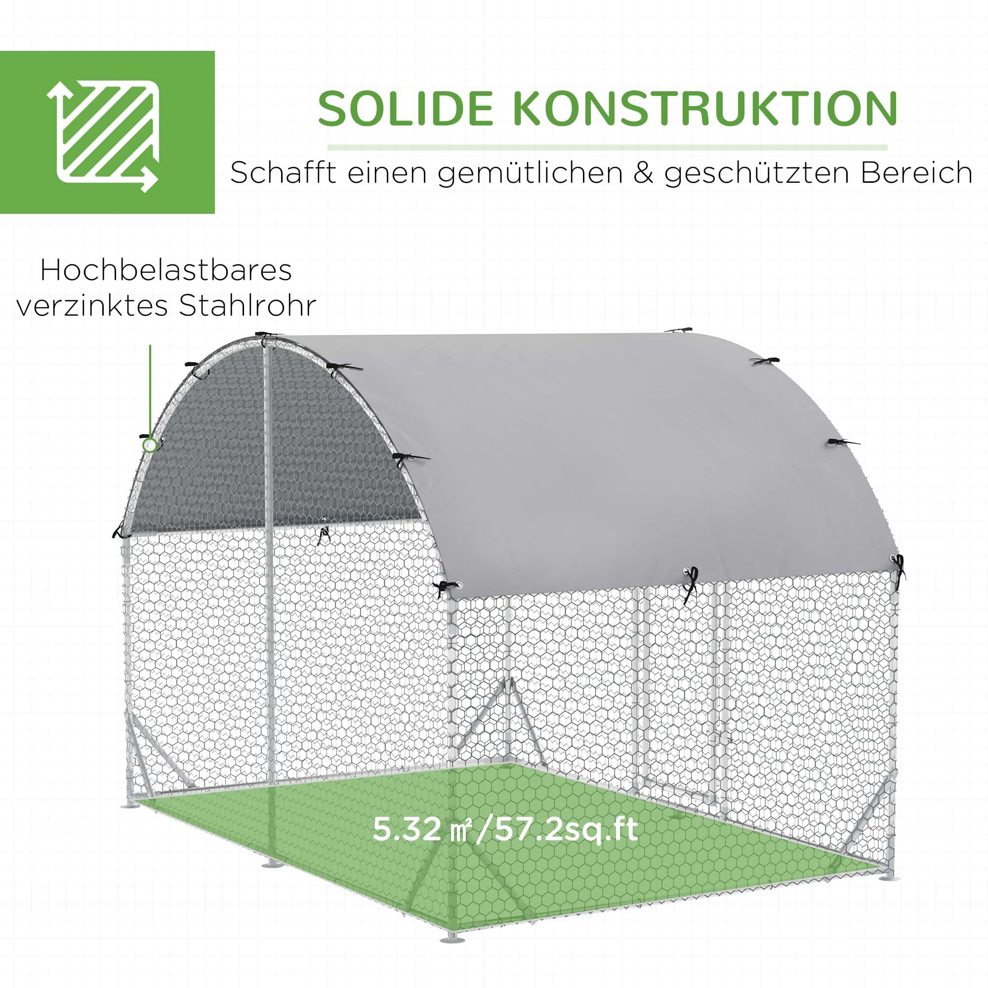 PawHut Kurnik wybieg ze stali 280 x 190 x 197 cm Srebrny | Klatka dla kur z osłoną odporną na UV, drzwi, dla 4-6 kur, małe zwierzęta