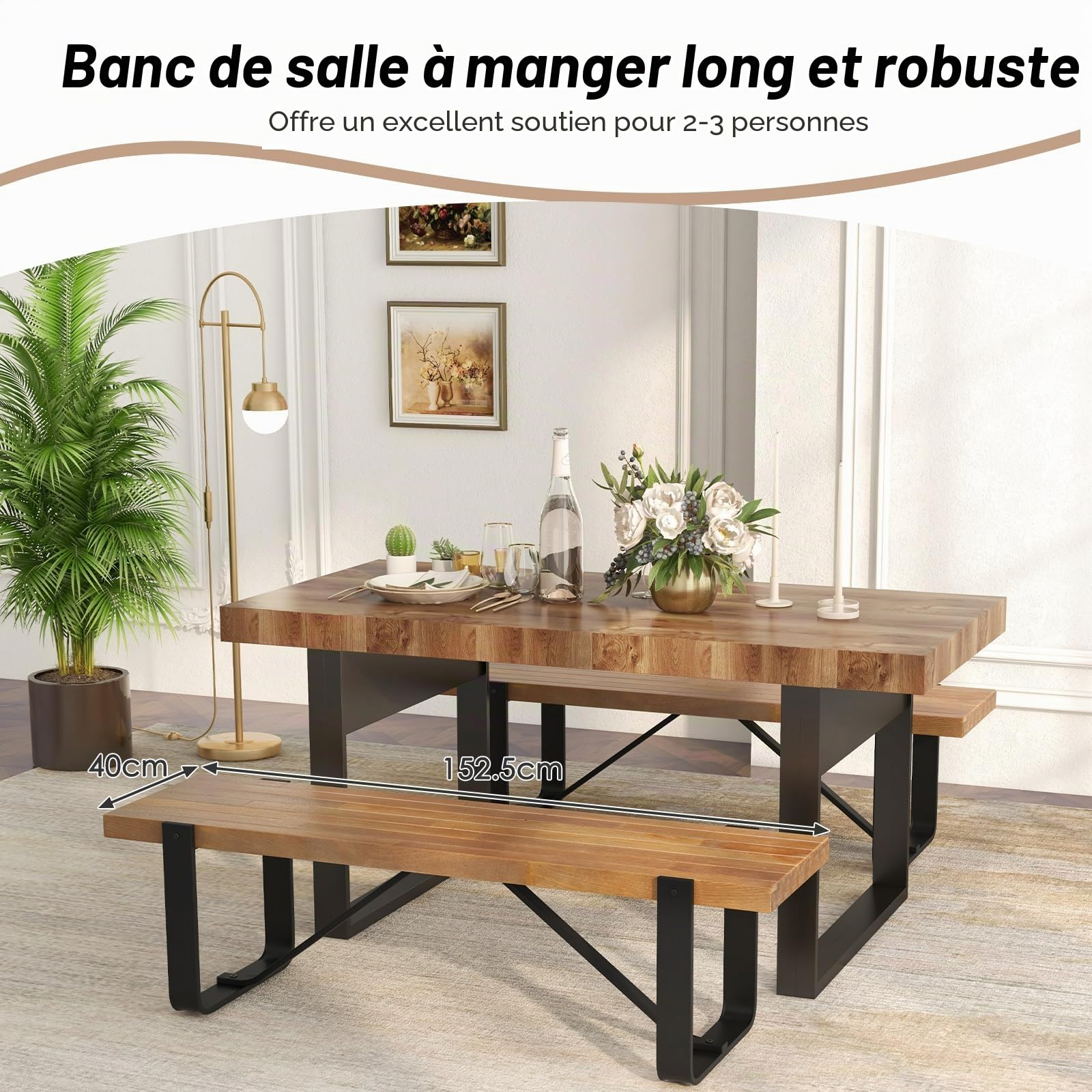 KOMFOTTEU Banc de salle à manger 152,5 x 43 cm en bois avec pieds en métal - Banc de table en bois sans dossier - Banc de cuisine avec pieds en U - Banc de couloir - Charge maximale : 300 kg