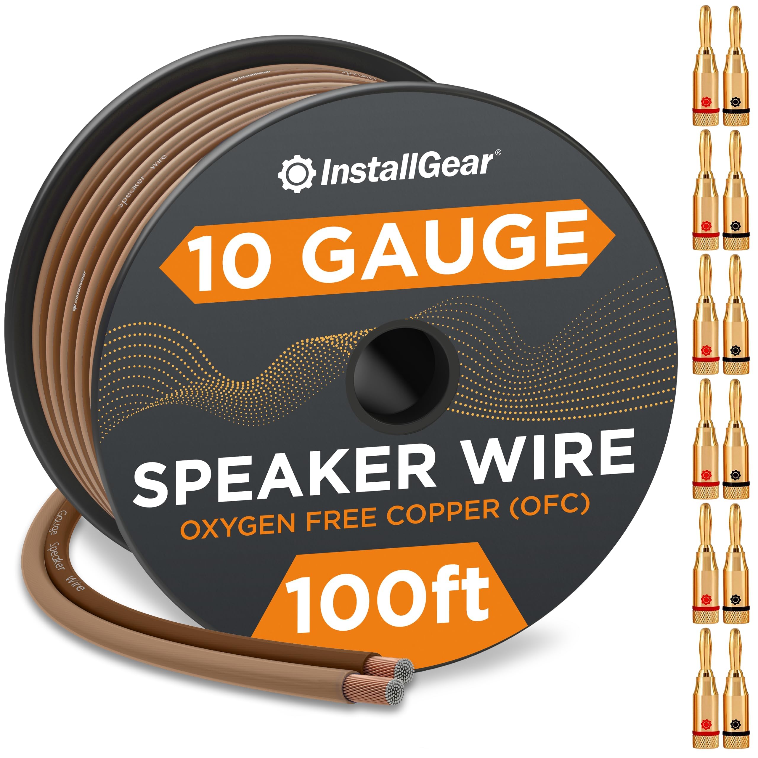 InstallGear 12 Gauge Speaker Wire with 12 Banana Plugs (100ft) - 99.9% Pure Copper - True Spec and Touch Cable