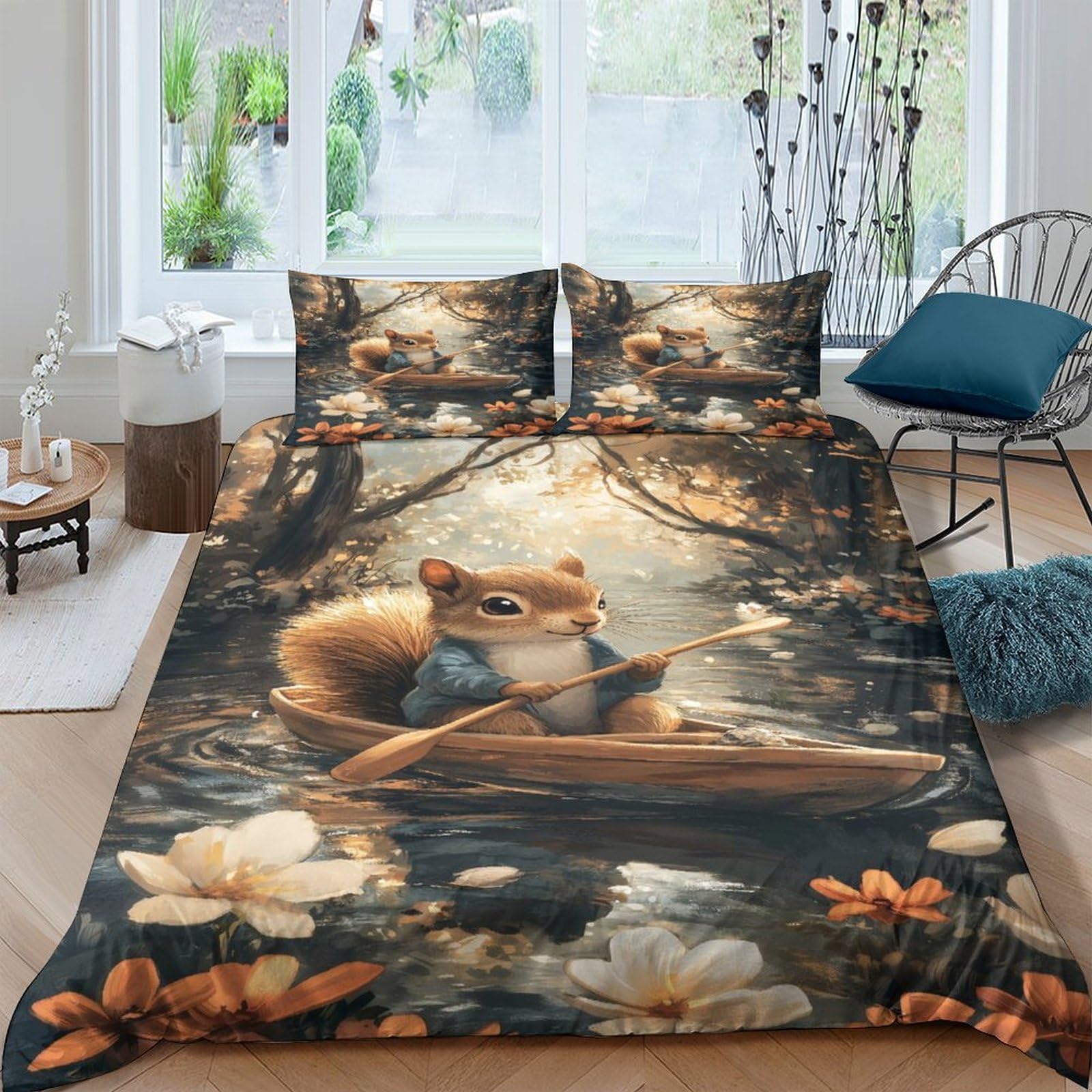 Ctjqhvkz Style-2 3D Printed Squirrel Forest Fitted Sheet Microfiber Bedroom Decor Lotus Pond Mattress Cover For Home Dorm Use Single（135X200cm）