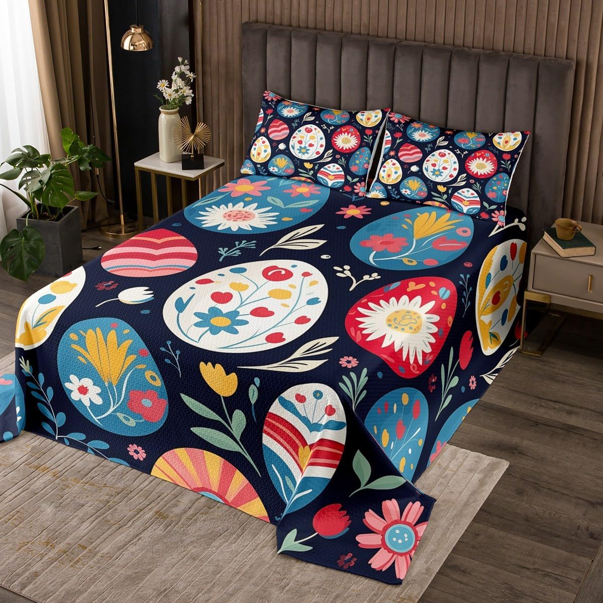 Homewish Colorful Flower Bedspread Queen Size,Happy Easter Eggs Bedding Set for Kids Boys Girls Room Decor,Floral Botanical Natural Theme Quilt 3Pcs,Black Cartoon Fashion Coverlet Set,2 Pillowcases