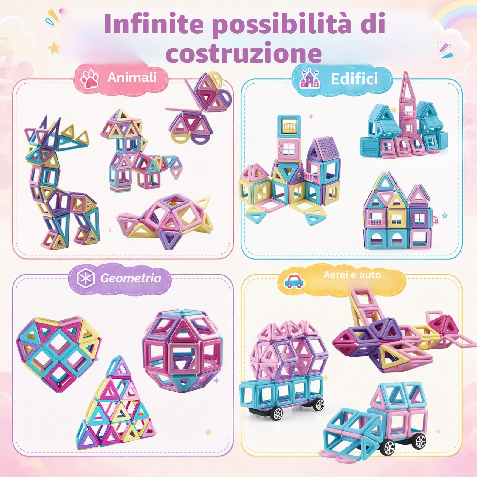 Blocchi magnetici per bambini, 173 pezzi, mini blocchi magnetici, colore macaron, 3D, giocattolo educativo ispiratore per ragazze e ragazzi dai 3 anni, regalo di compleanno