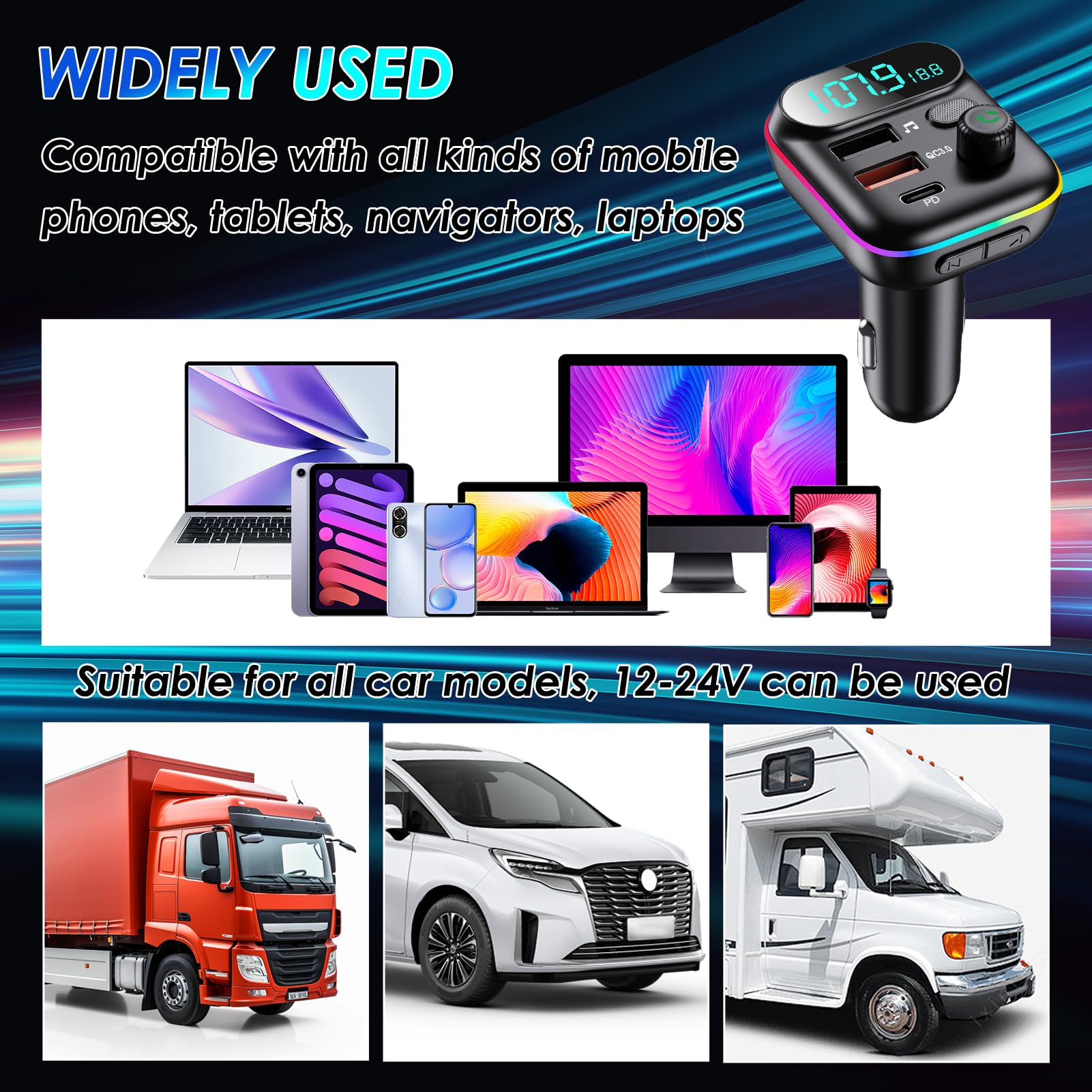 Trasmettitore FM Bluetooth Auto 5.0, Adattatore Bluetooth Audio QC3.0 Ricarica Rapida 2USB y 1PD 18W per Chiamate Vivavoce e Musica, Accendisigari con LED Display, Supporta USB e TF