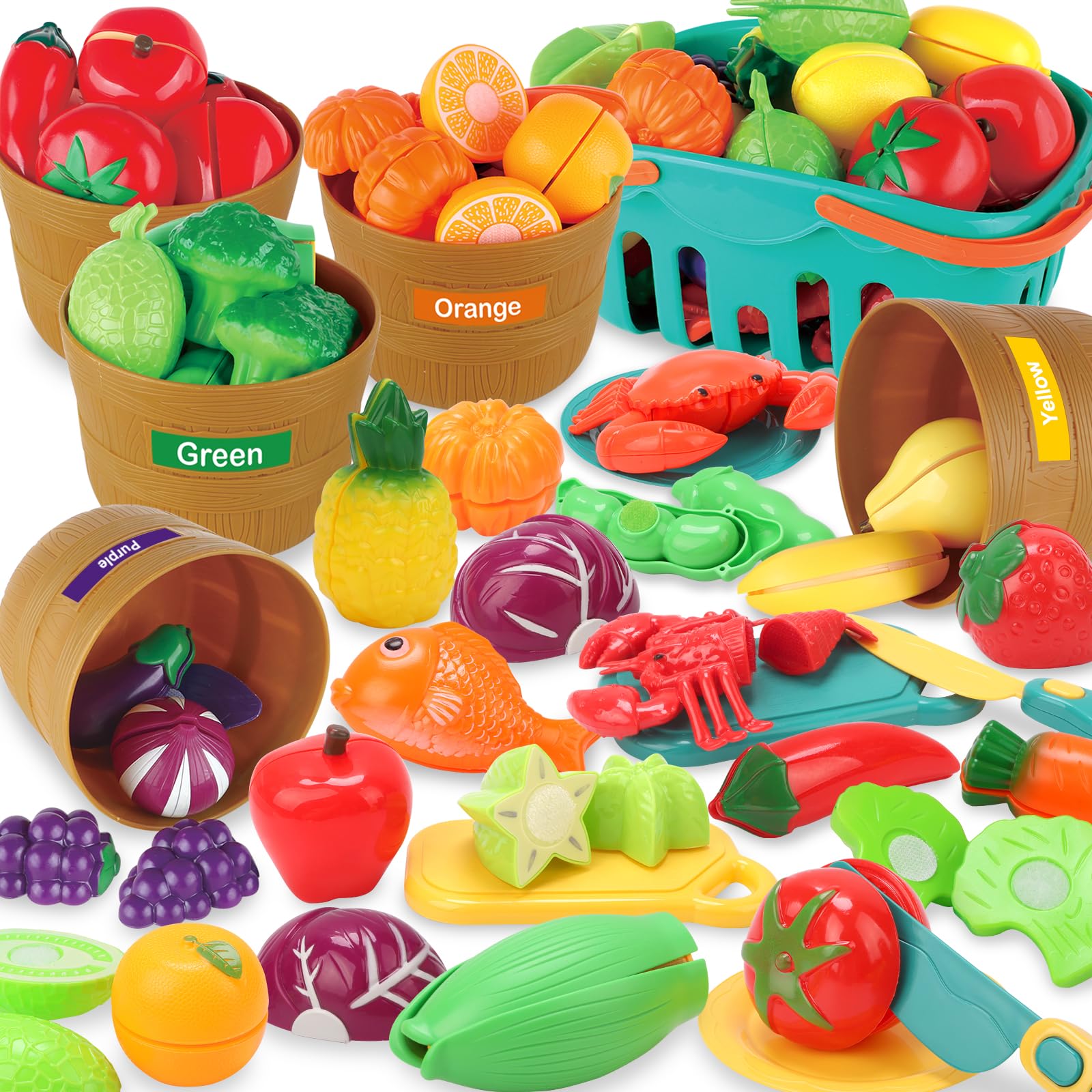 68PCS Cutting Play Food Set for Kids Pretend Kitchen Toys with Basket & Buckets