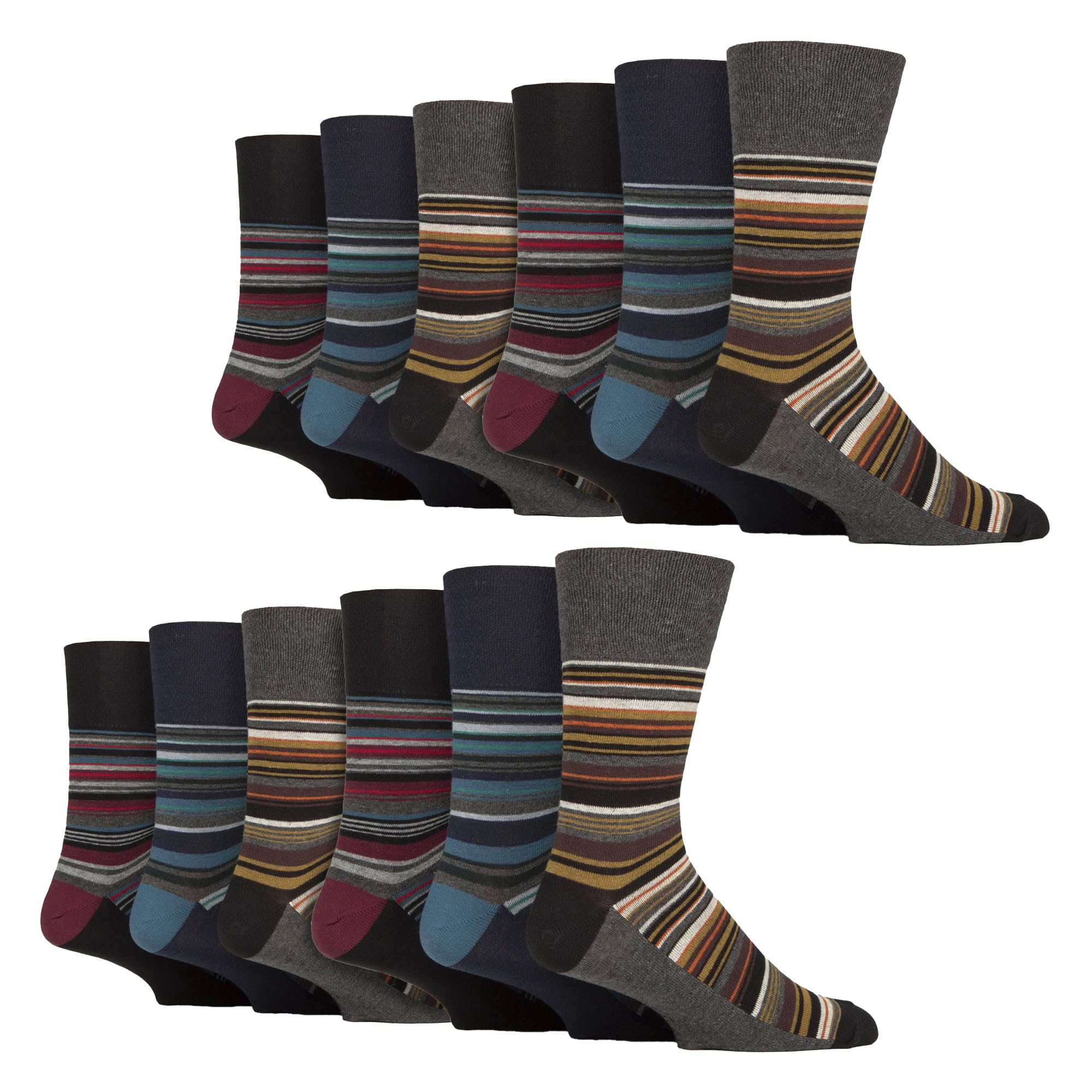 SOCK SHOP GENTLE GRIP - 12 Pairs Mens Non-Elastic Cotton Socks | Patterned Soft Non-Binding Stripe Socks (6-11, Stripe 1)