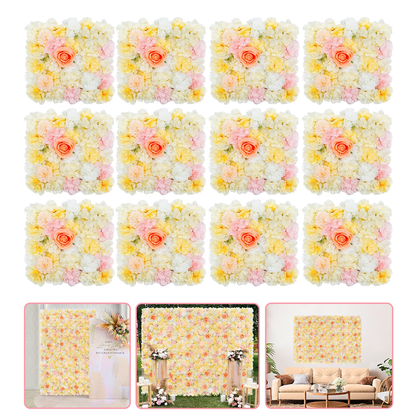 Yellow Pink Floral Wall Backdrop Panels - 5ftx3.74ft Fake Flower Backdrop Wall Artificial Wedding Background for Bridal Shower Birthday Home Party Decor
