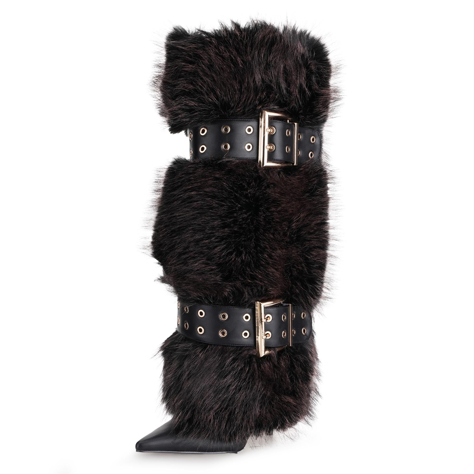 Huntarry Stylish Womens Knee-High Fashion Boots with Faux Fur and Adjustable Straps - Perfect for Parties and Performances