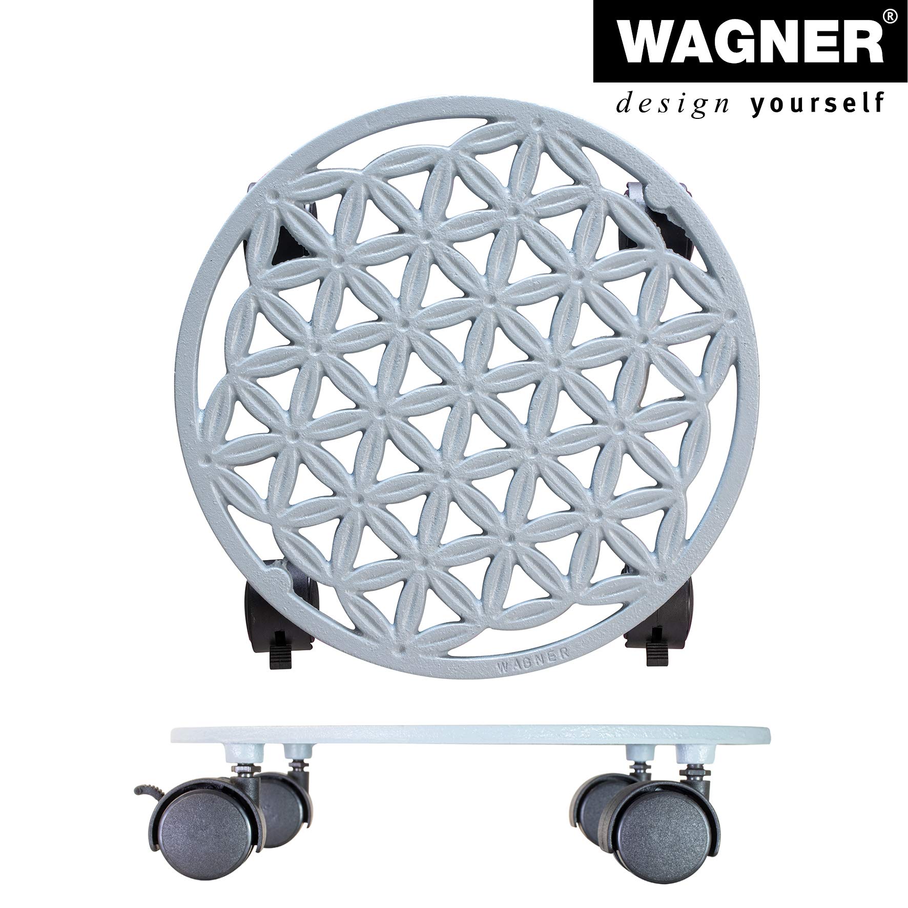 WAGNER Support à roulettes pour pot de fleur FLEUR DE VIE Ø 29 x 6,5 cm I Pour l'intérieur + l'extérieur I Roule pot en fonte, blanc papyrus I 2 freins I Capacité de charge 50 kg- 20091901