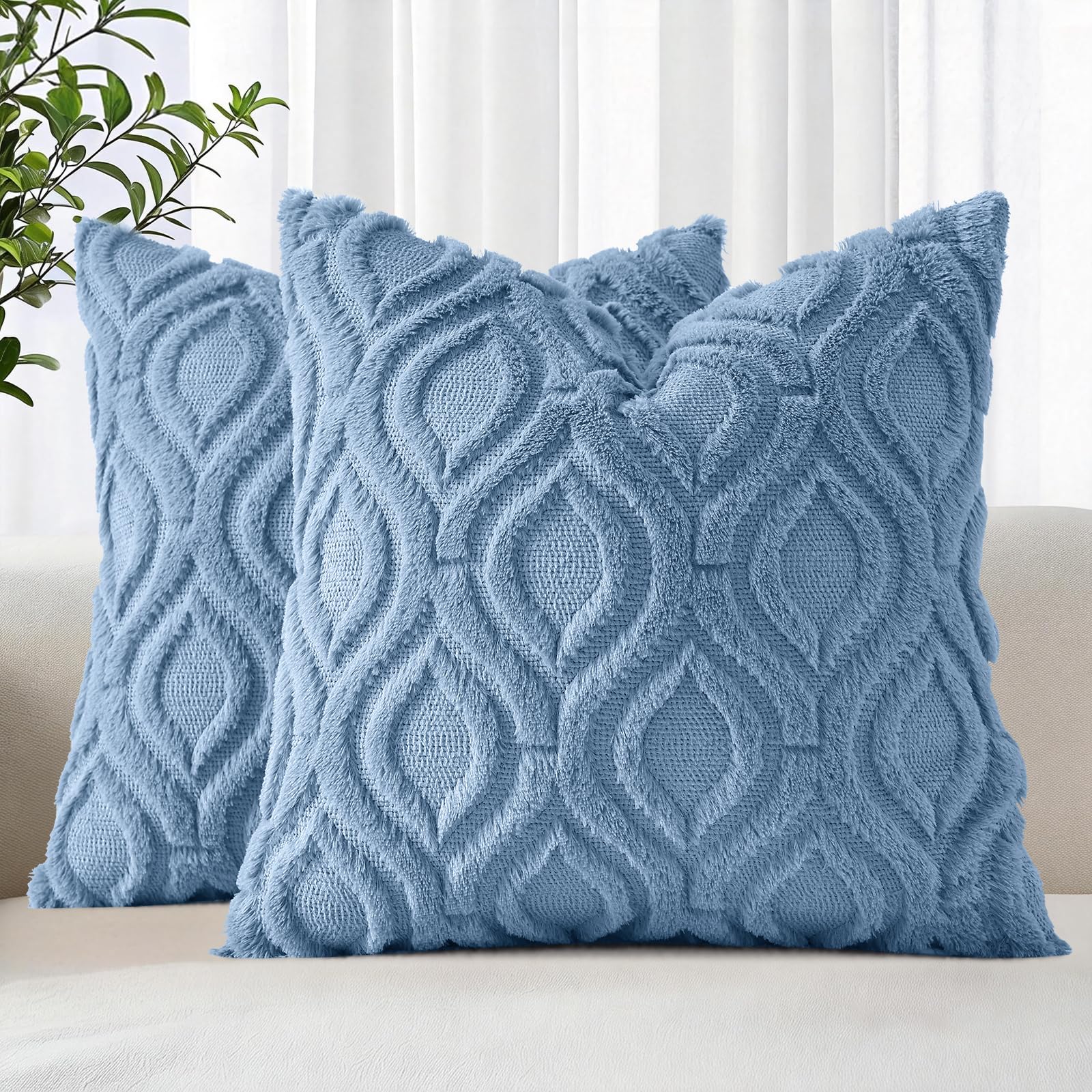 decorUhome Faux Fur Plush Soft Blue Throw Pillow Covers 18x18 Set of 2