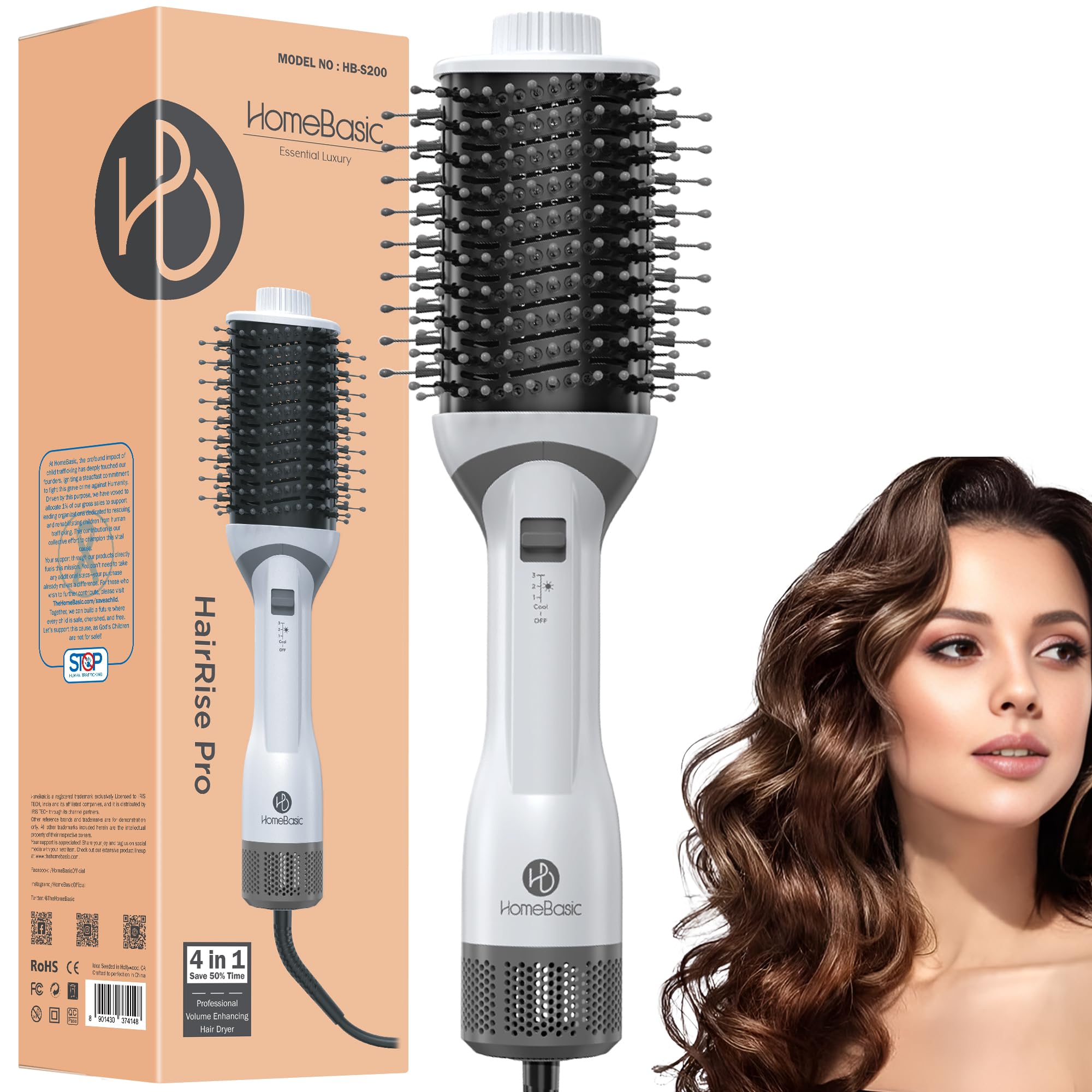 HOMEBASIC 1200W Hot Air Brush For Women, Hair Straightening Brush/Dryer/Volumizer/Curler Comb, 3 Heat & Speed Settings+ Cool Option, 360° Airflow, Ceramic Plates, Auto Shut-Off, for Frizz Free Hair