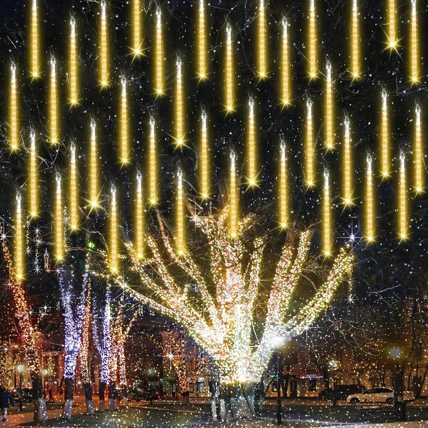 Luces de Navidad de Lluvia Mejoradas, Luces de Ducha de Meteoritos IP65 Impermeables con 11.8 Pulgadas 8 Tubos 240 LED, Luces Decorativas con Puertos USB para Exterior/Interior/Bodas/Navidad/Fiestas