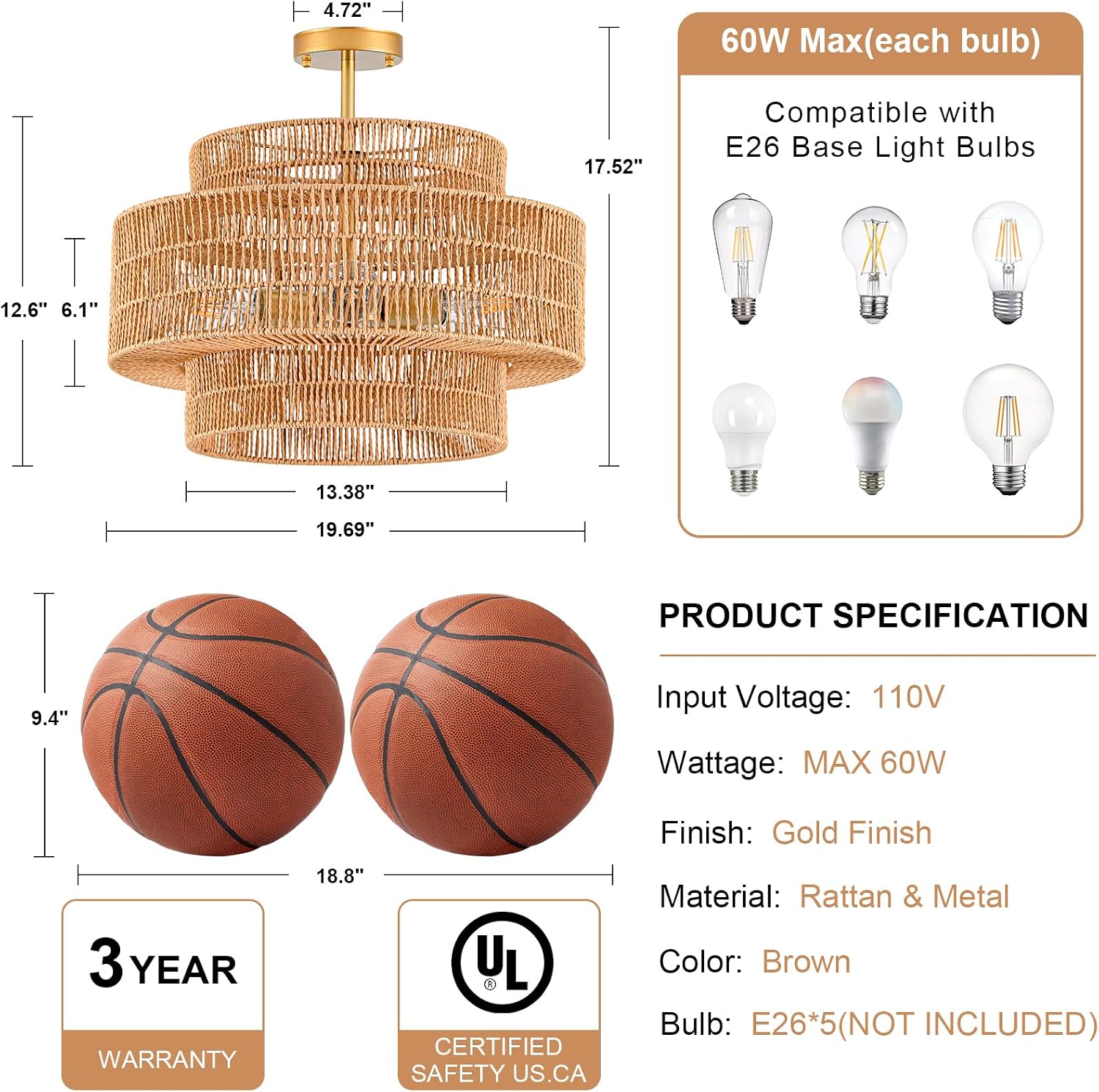 5-Light Rattan Ceiling Light Fixture, 19.7" Semi Flush Mount Boho Ceiling Light, Wicker Light Fixture with 3-Tier Hand-Woven Drum Shade, Farmhouse Rattan Chandelier for Dining Room Living Room Bedroom