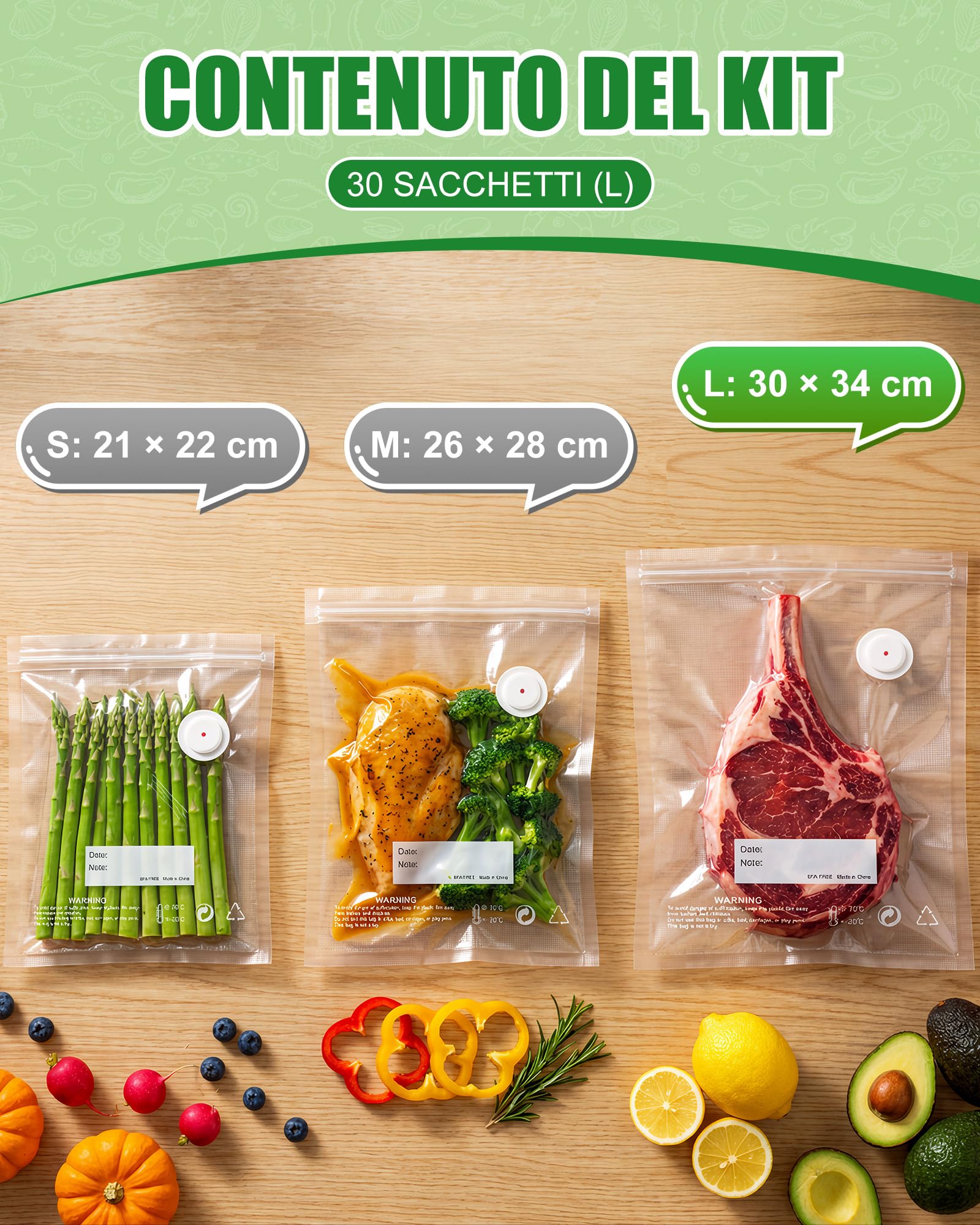 Babacom 30 Pezzi Sacchetti Sottovuoto Alimenti Riutilizzabili con Valvola d'Aria e 10 Clip di Chiusura (L:30x34cm), Senza BPA, Buste Sottovuoto Alimenti per Congelatore/Cottura Sous Vide/Conservazione