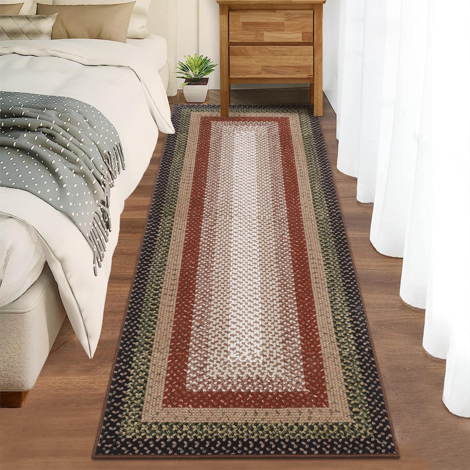 RUGSREAL 2x10 Long Hallway Runner Rug Braided Print Mat Kitchen Runner Rug with Rubber Backing Washable Farmhouse Runner Carpet Rustic Accent Area Rug