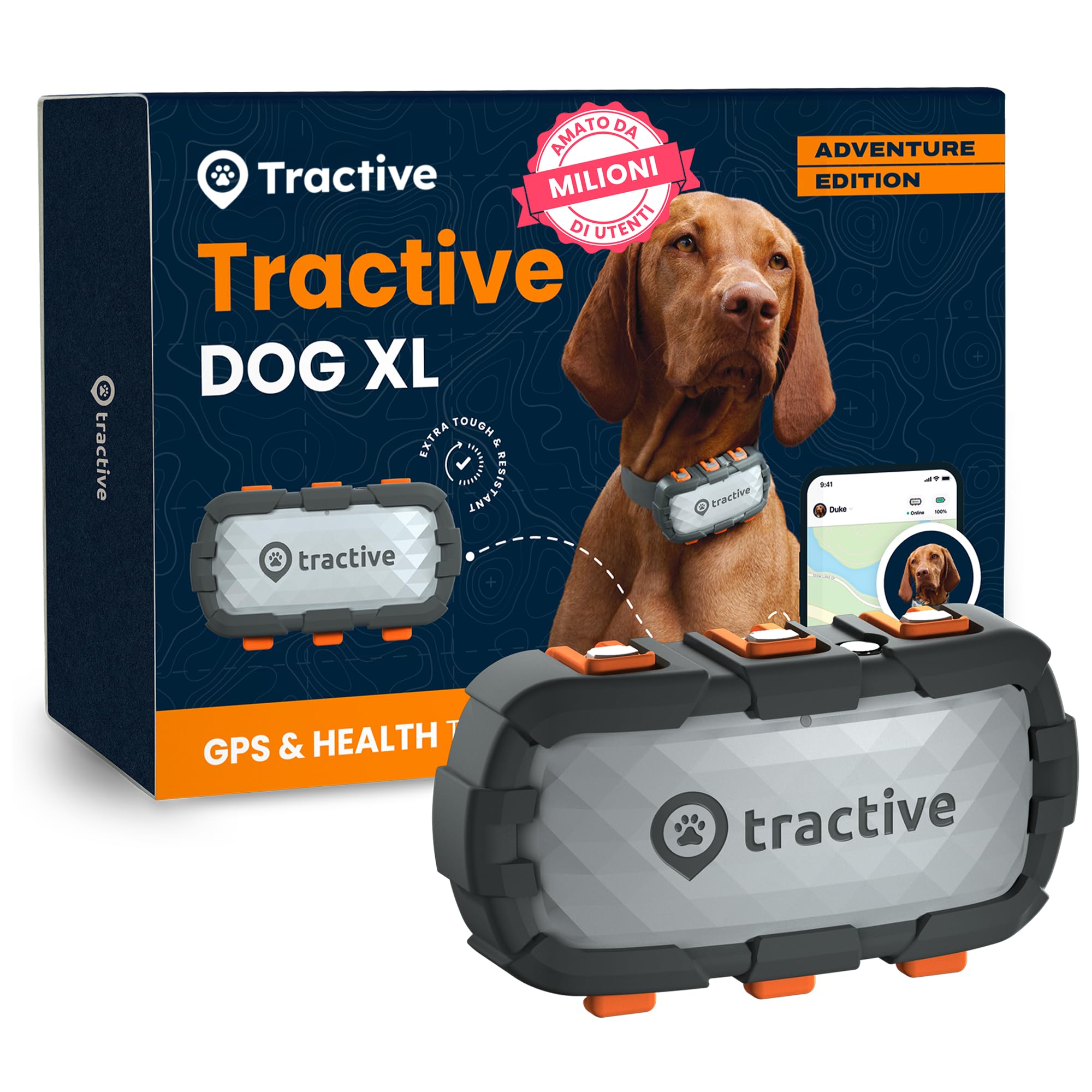 Tractive - GPS per cani XL Adventure - Rivestimento in fibra di vetro - Fino a 1 mese di batteria - Localizzazione GPS - Notifiche antifuga - Monitor di attività - Avvisi di salute