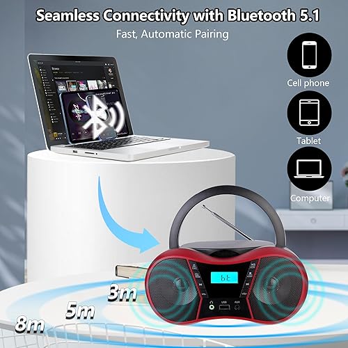 Miniatura 4 de Boombox Reproductor de CD Portátil, Reproductores de CD Portátiles para el Hogar, Reproductor de CD de Radio Estéreo con AUXUSBFMBluetooth,