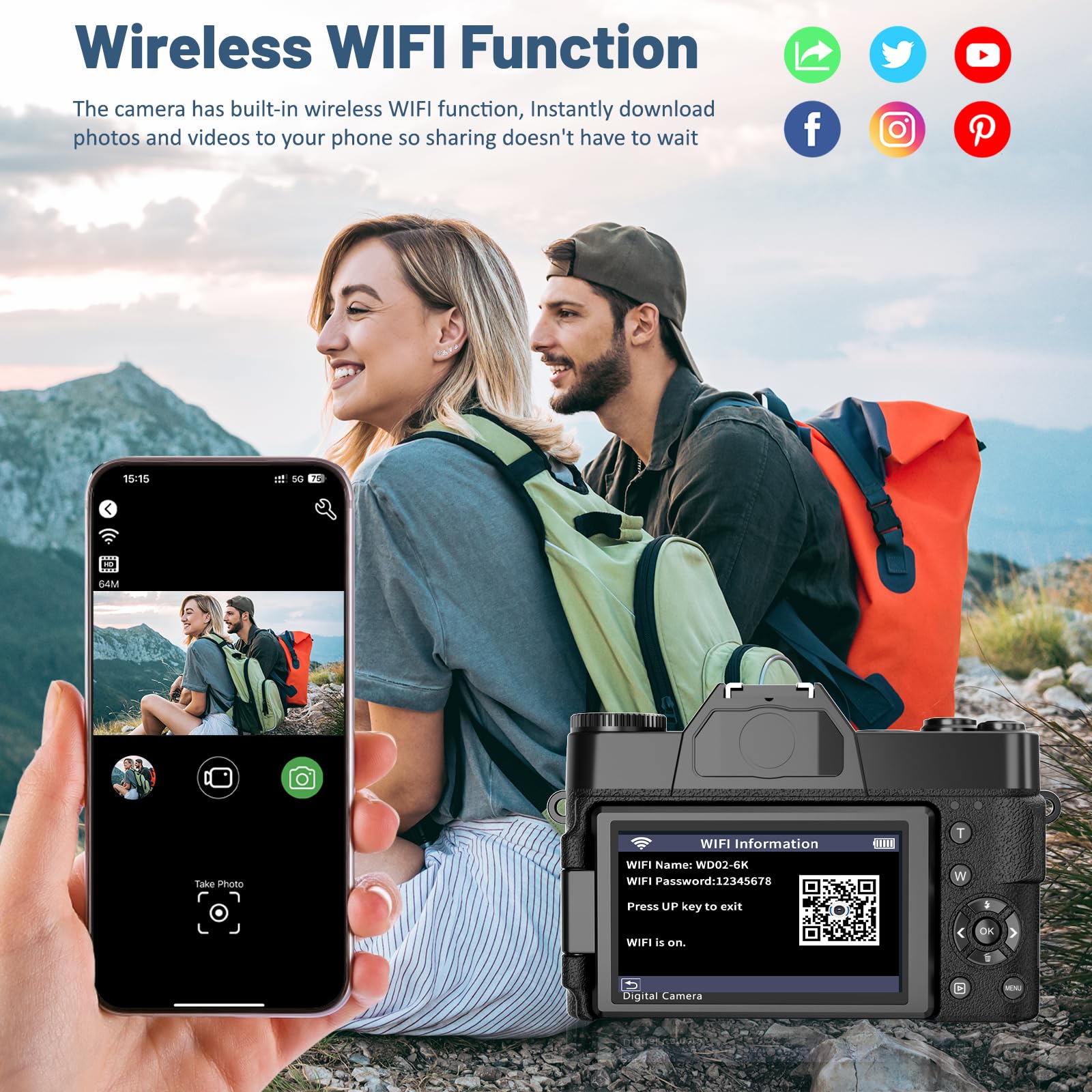 Cámara digital 6K para fotografía, cámaras de vlogging WiFi de 64 MP para YouTube con pantalla abatible de 3 pulgadas y 180°, zoom digital de 16X, enfoque automático, cámara de viaje con tarjeta SD de