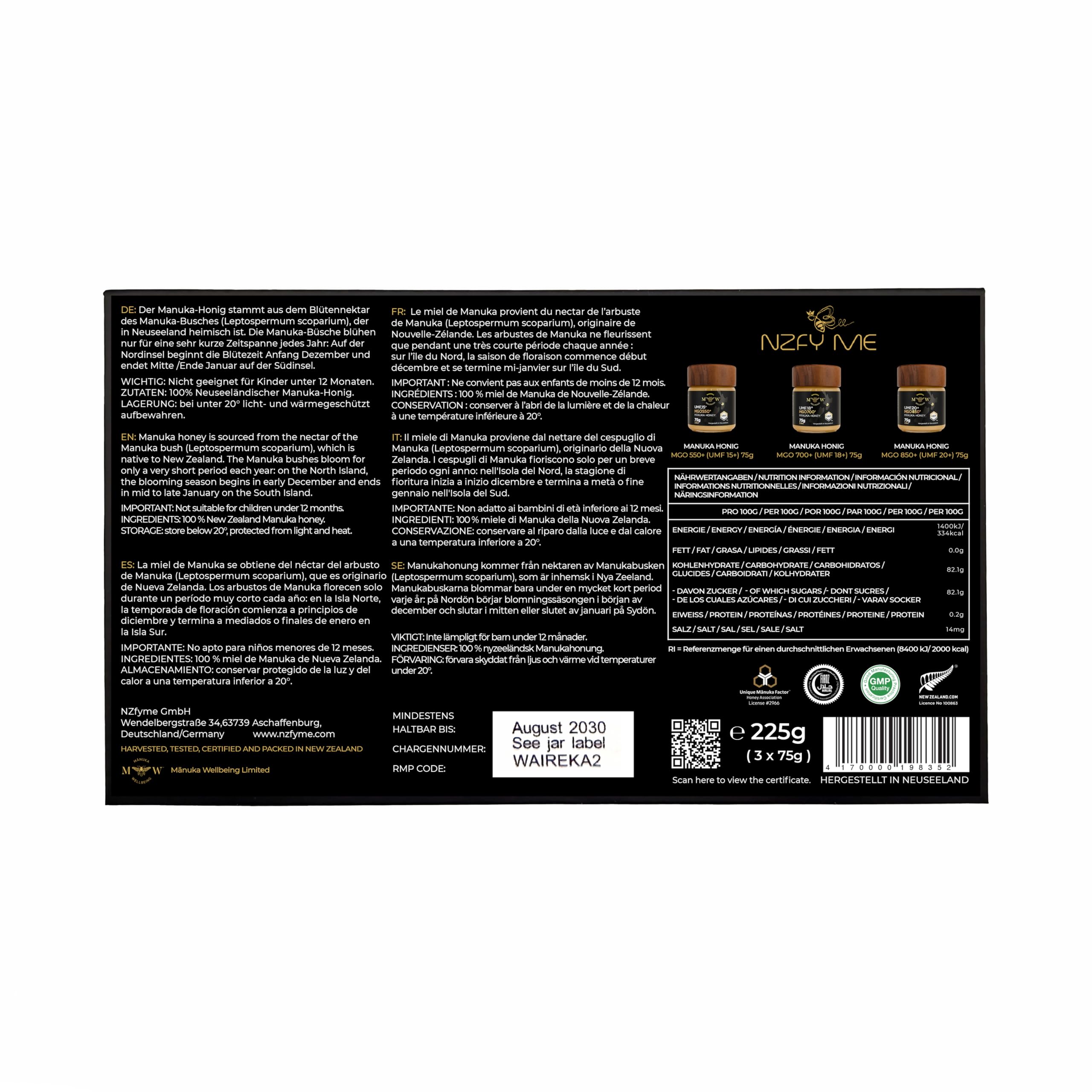 NZfyMe–Manuka Honig Experience Set–3x75g (MGO 550+/UMF 15+, MGO 700+/UMF 18+, MGO 850+/UMF 20+) | Premium Edition im Glas mit Holzlöffel & Geschenkbox| Zertifiziert & Hergestellt in Neuseeland