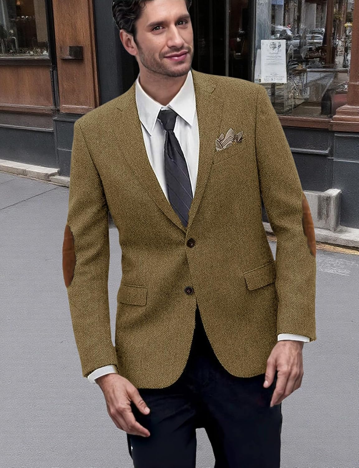 Mens' Suit Tweed Herringbone Blazer Jacket with Elbow Patch Notched Lapel Casual Slim Fit Tuxedo Blazer Coat