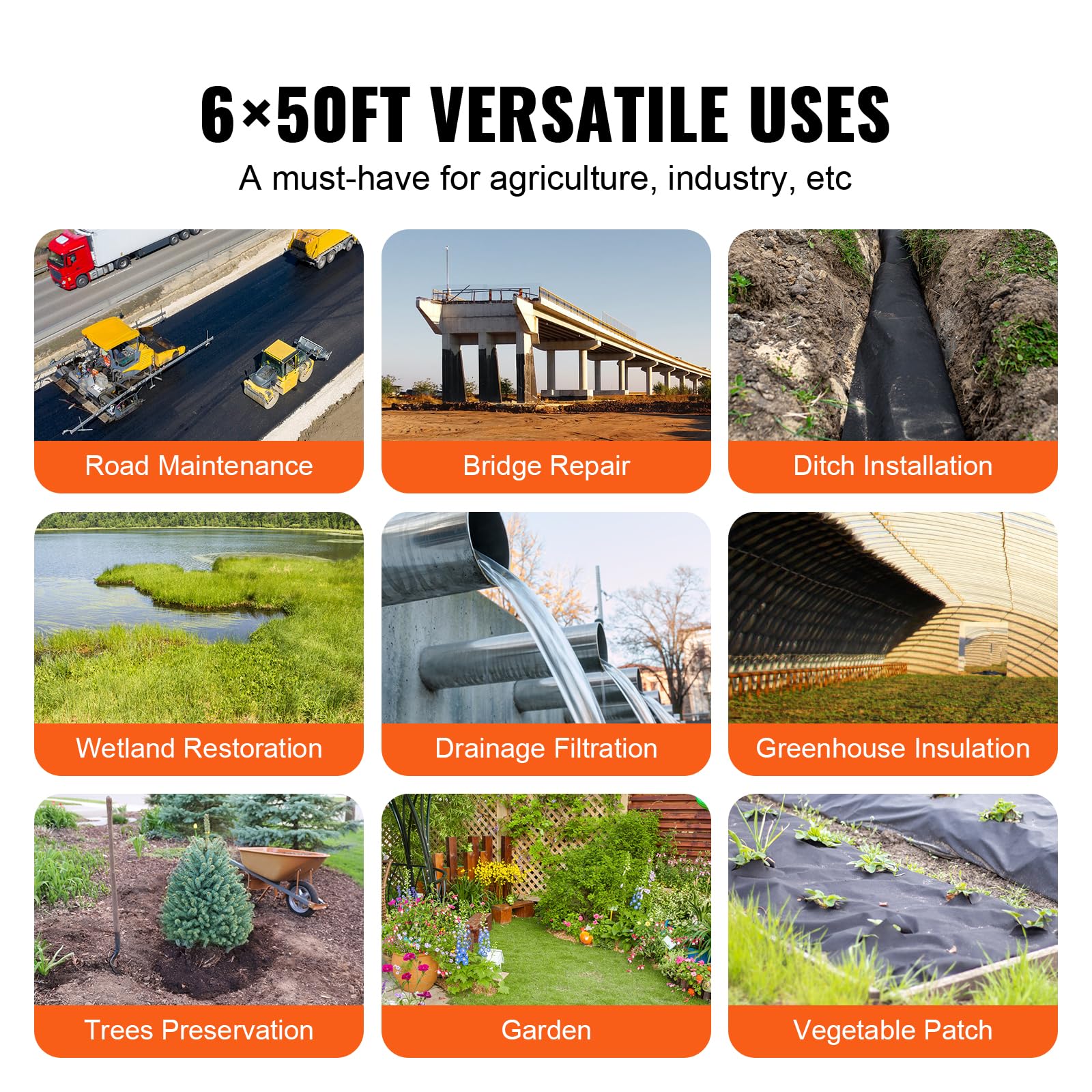 VEVOR Unkrautvlies 1,8 x 15,2 m Gartenvlies 271 g/㎡ Unkrautschutz Bodengewebe Vlies Zugfestigkeit 160 N (in Längsrichtung) 170 N (in der Breite) Unkrautgewebe Unkrautflies Unkrautfolie Beetvlies