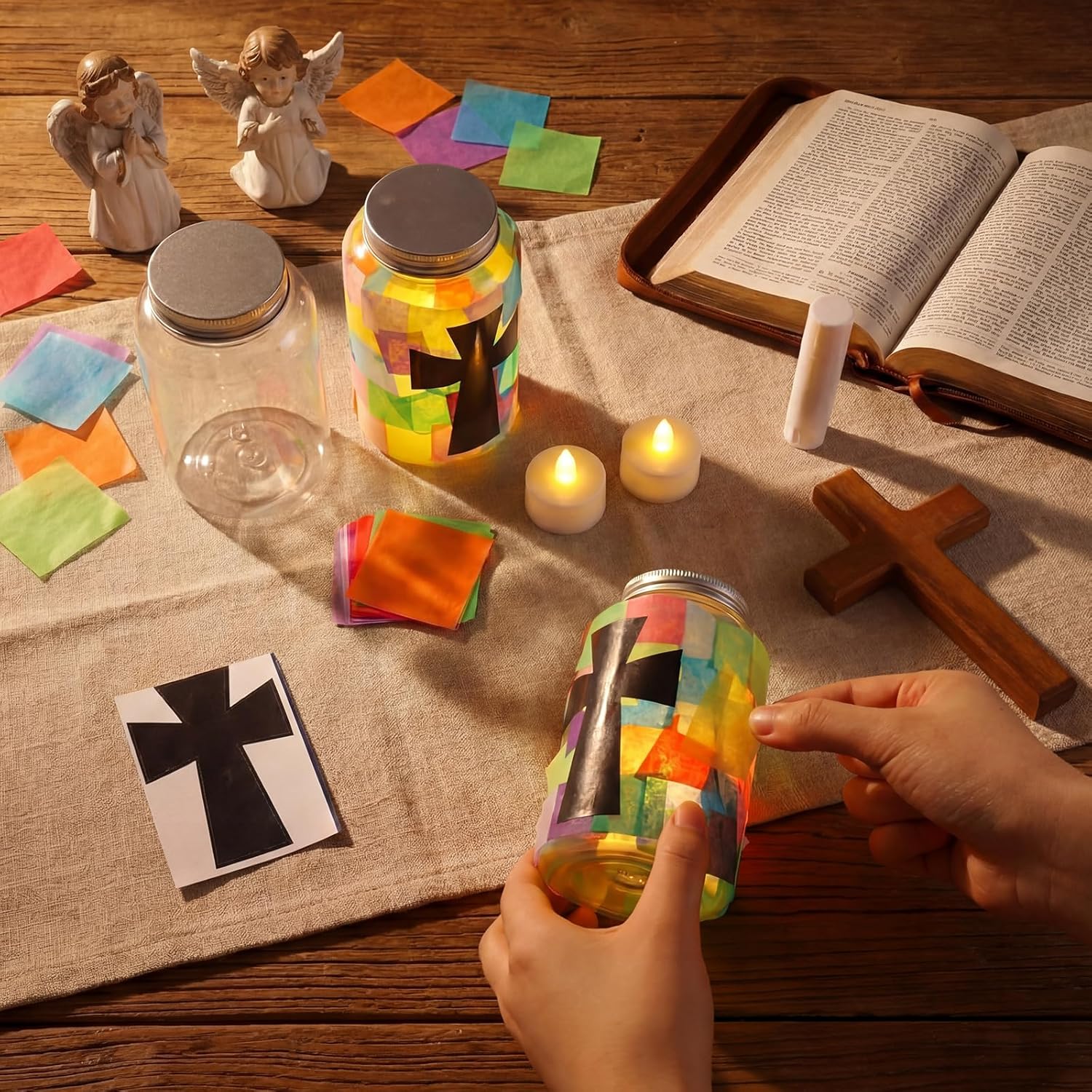 Qinyoung 12 Pcs Religion Cross Crafts Mason Jars Tissue Paper Crafts with LED Candle Light DIY Suncatchers Decoration Make Your Own VBS Mason Jars Supplies for Sunday School Projects Activity