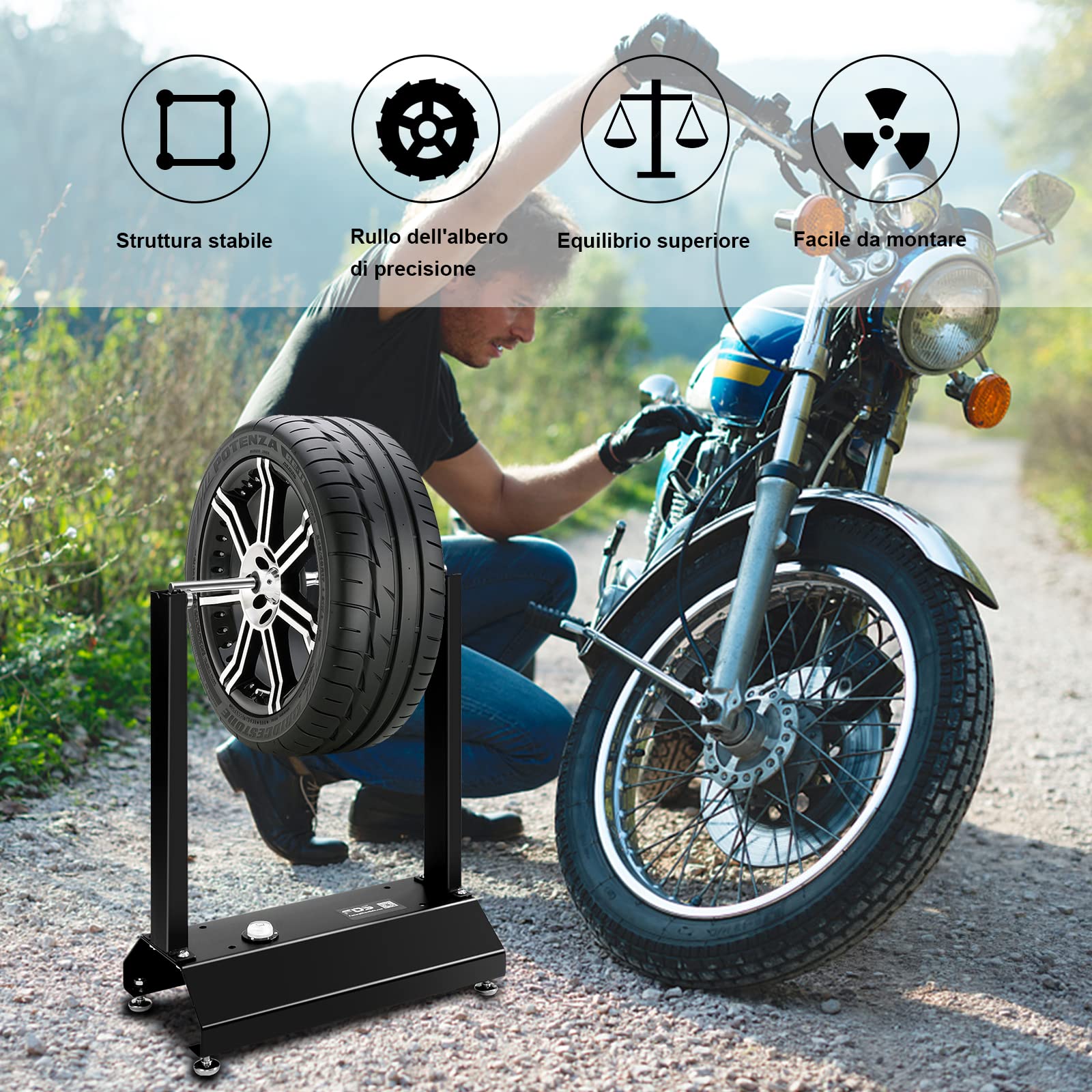 GYMAX Equilibratrice Pneumatico Universale, Porta Ruota in Acciaio, Piedi Regolabili in Altezza, Nuclei Regolabili, Attrezzi per Moto e Biciclette per Riparazione, 41 x 22 x 55cm