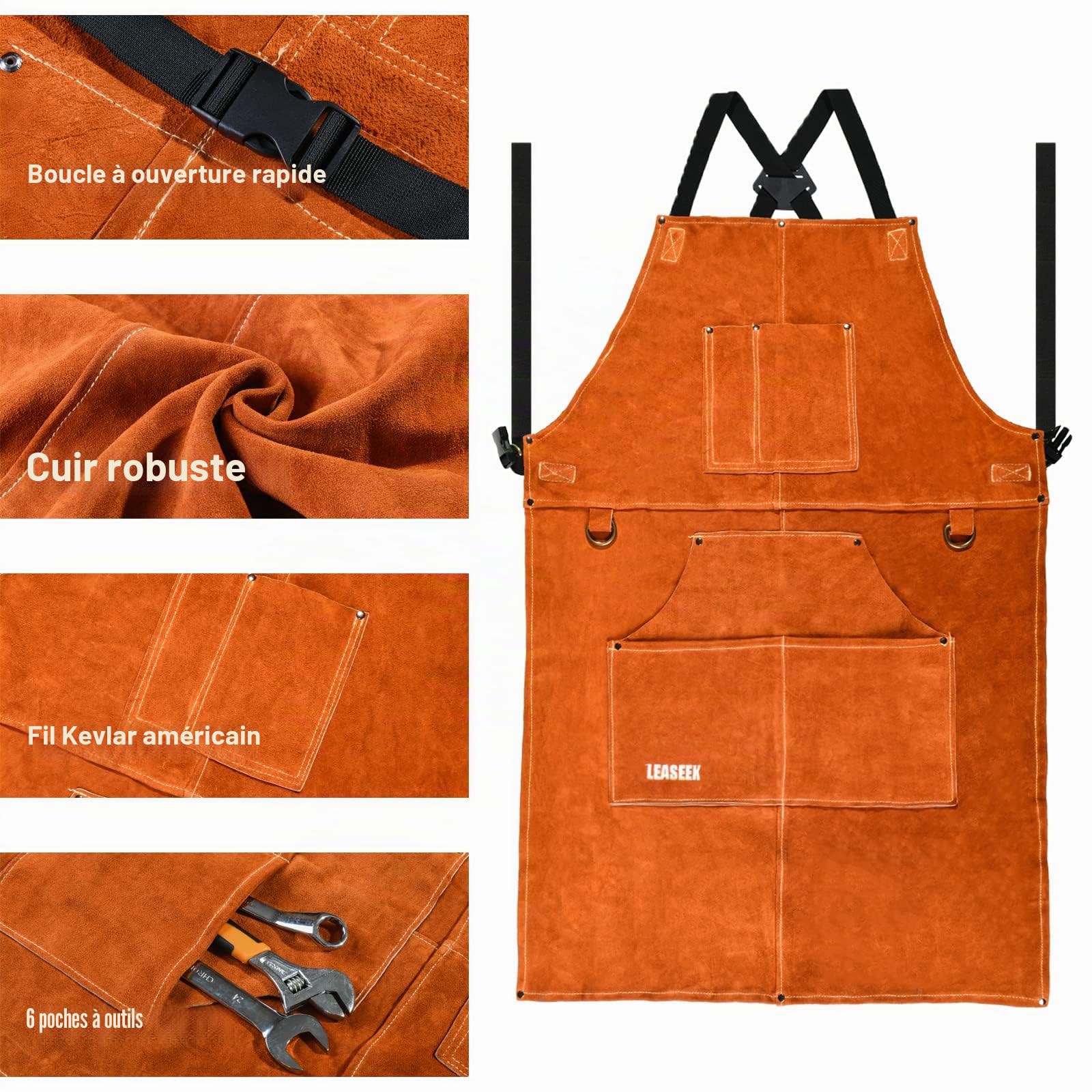 LeaSeek Tablier de soudage, Tablier de Travail en Cuir de Vachette avec 6 Poches, Tablier de Cuisine Multifonctionnel, Bretelles Réglables de M à XXL pour Hommes et Femmes