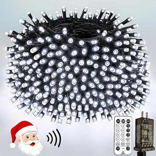 Miniatura 12 de Luces de Navidad controladas por voz con control remoto, cadena de 300 luces LED de 99 pies para interiores y exteriores con 12 modos, 3 Blanco
