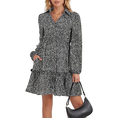 Women's Long Sleeve V Neck Ruffle Button Down Shirt Casual Short Dresses with Pockets