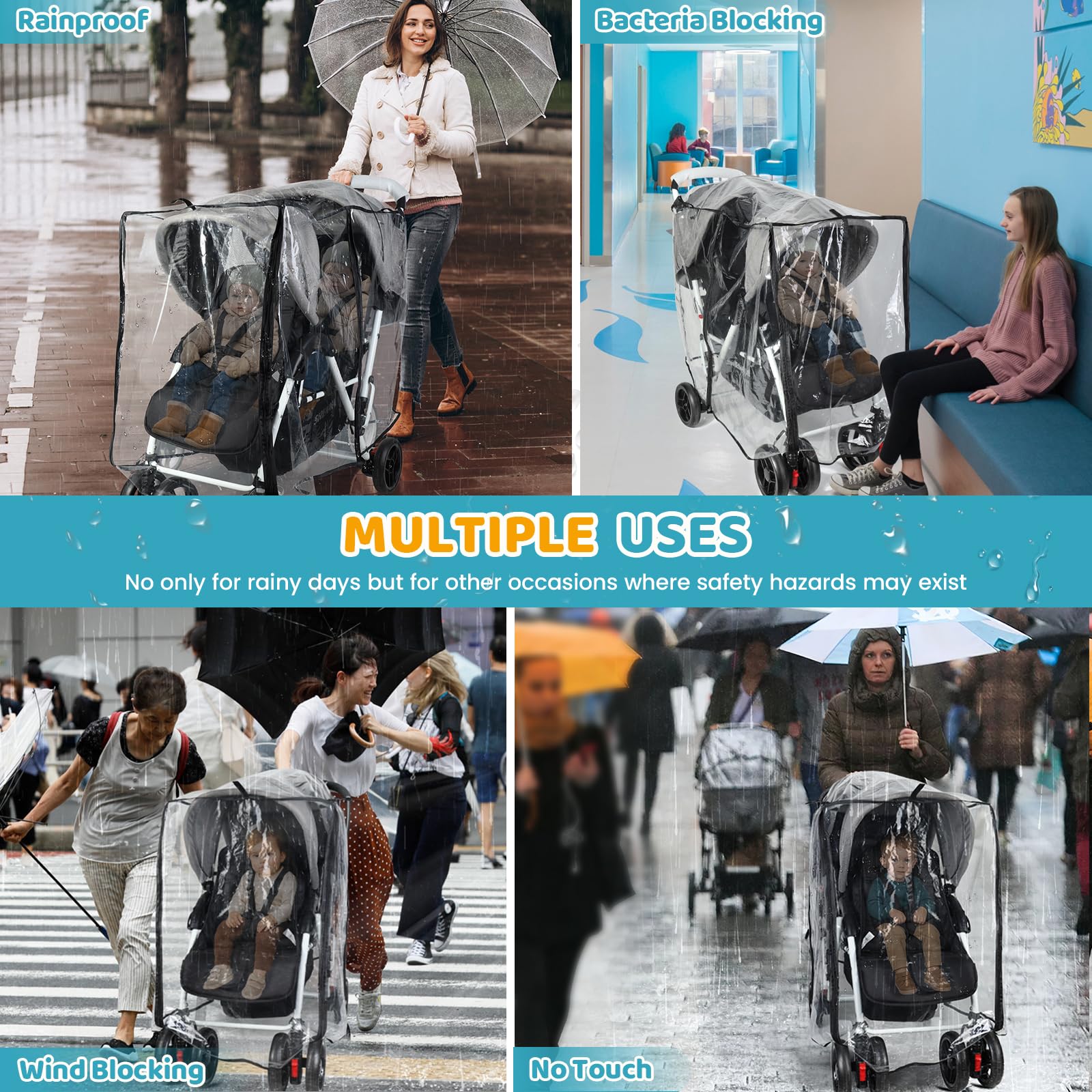 Orzbow Habillage Pluie Universelle pour Poussette Double, Respirante Protection Pluie Poussette Double Avant et Arrière Universelle avec Fenêtre, EVA de Qualité Alimentaire, Imperméable, Transparente
