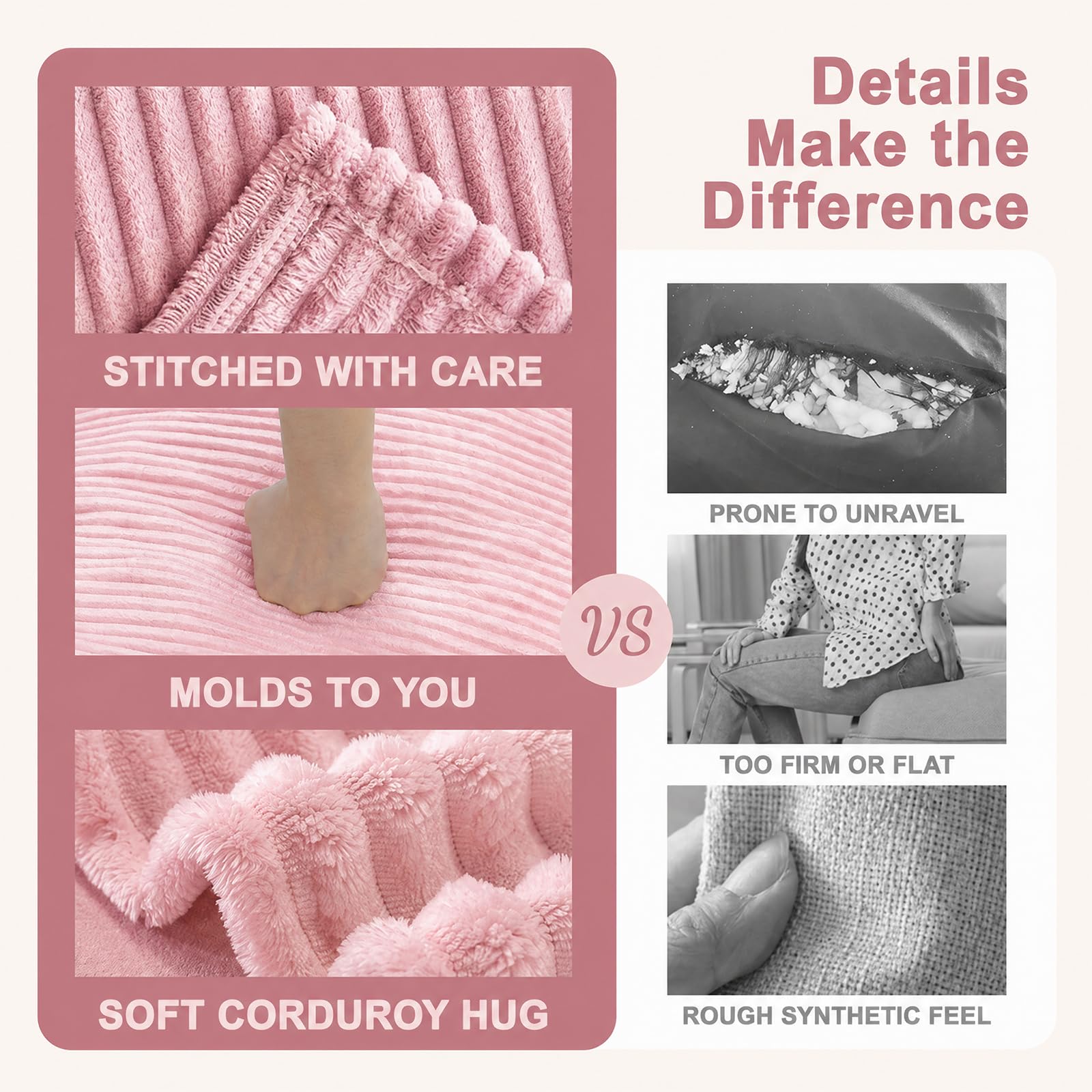 Runder Sitzsack, Cord Bean Bag Chair mit Füllung für Erwachsene & Kinder, Gemütlicher Lounge Sessel Relaxliege für Wohnzimmer, Schlafzimmer(M-Rosa)
