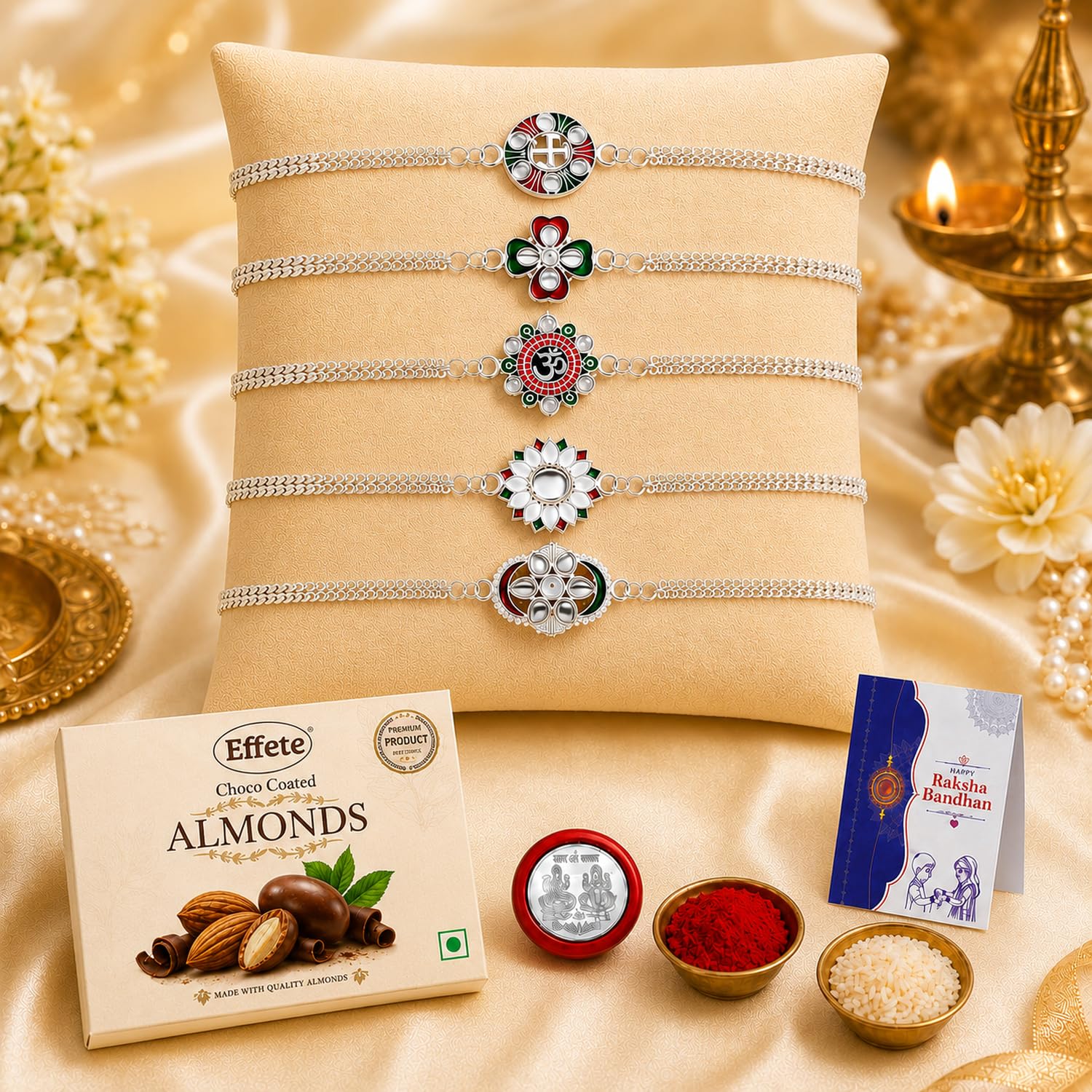 Vacalvers Designer Silver Colour Rakhi Set of 5 for Brother with Choco Coated Almonds Chocolate 32gm, Pooja Coin, Roli Chawal & Card | Rakhi with Chocolate Combo for Raksha Bandhan