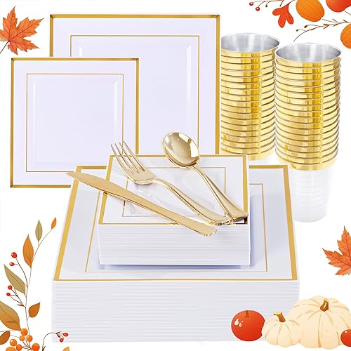 I00000 Juego de vajilla de plástico dorado de 150 piezas, platos cuadrados de oro blanco, platos cuadrados desechables de oro, incluye 25 platos