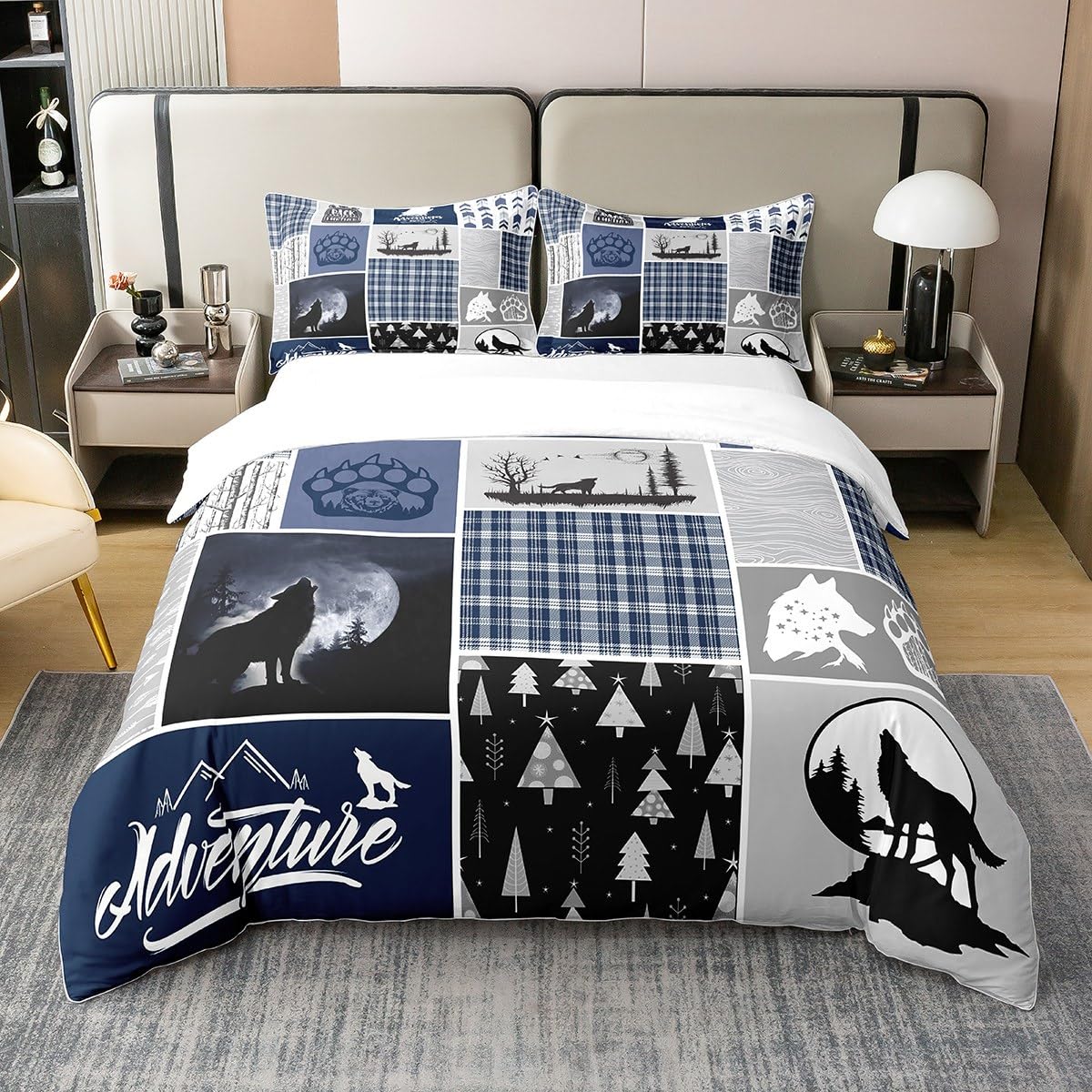 Homemissing Wolf 100% Cotton Duvet Cover Kids Geometric Bedding Set Bohemian Comforter Cover Set King Size for Women Men Navy Blue Bedspread Cover