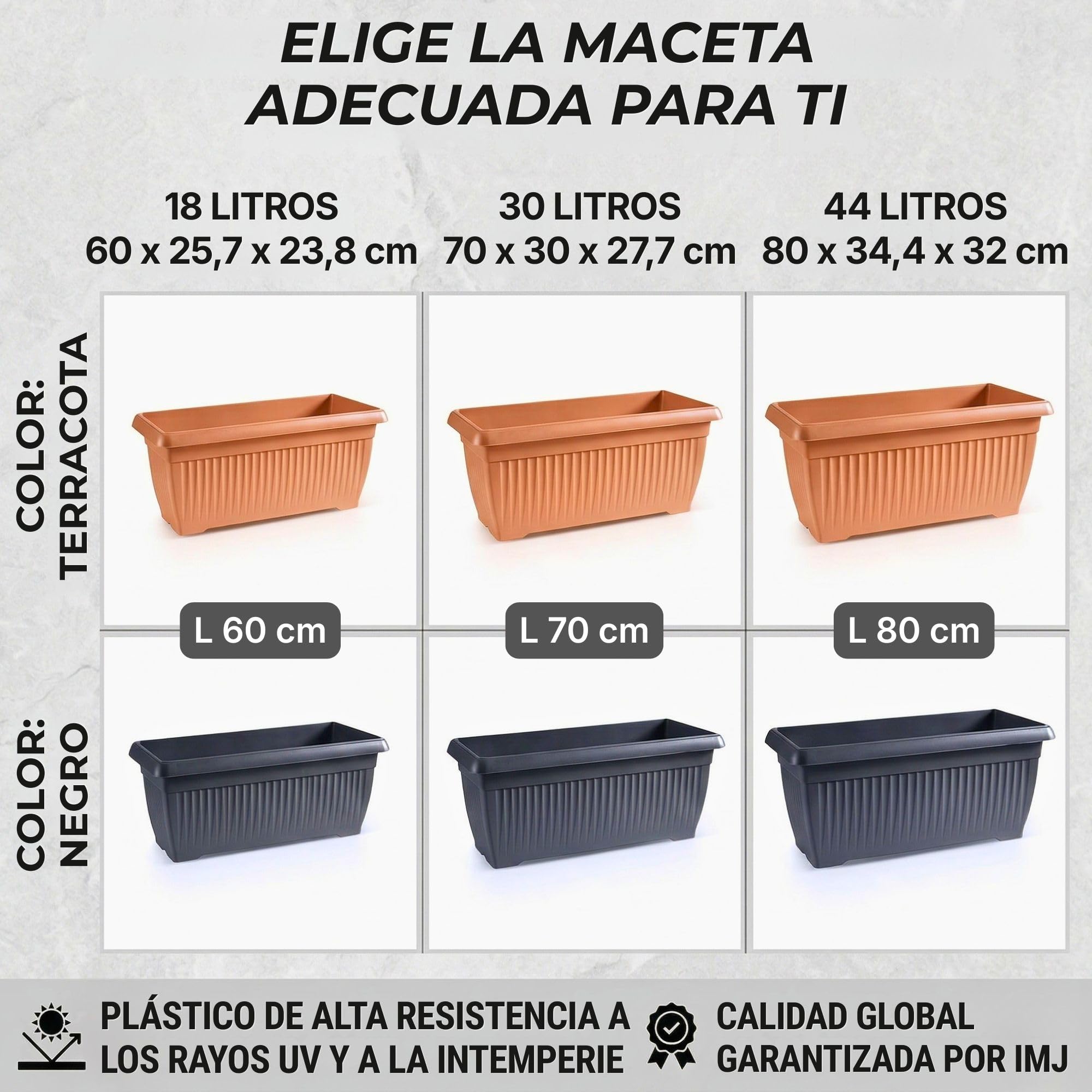 IMJ-Global - Jardineras Exterior Grandes Rectangulares (80x34,4x32 cm) Macetas Exterior Grandes 44 litros, Jardinera Decorativas para Balcon en Plástico Resistente a la Intemperie y a los Rayos UV