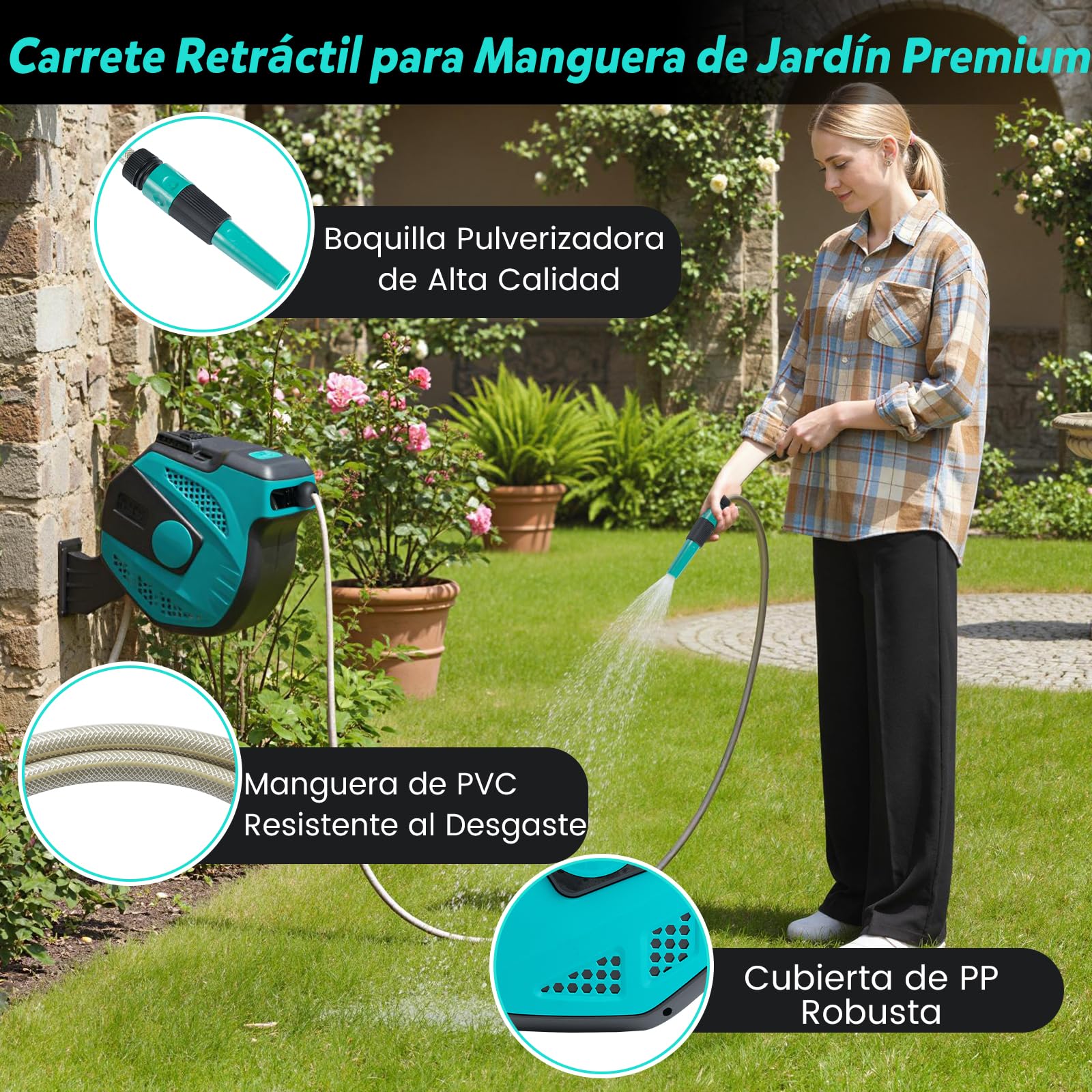 COSTWAY Enrollador Manguera Jardin 20m, Bloqueo Conector de 2m, Carrete Manguera Retráctil, Montaje en Pared, Carrete Manguera Automático, Giratorio de 180°, Jardin Garaje (20m)