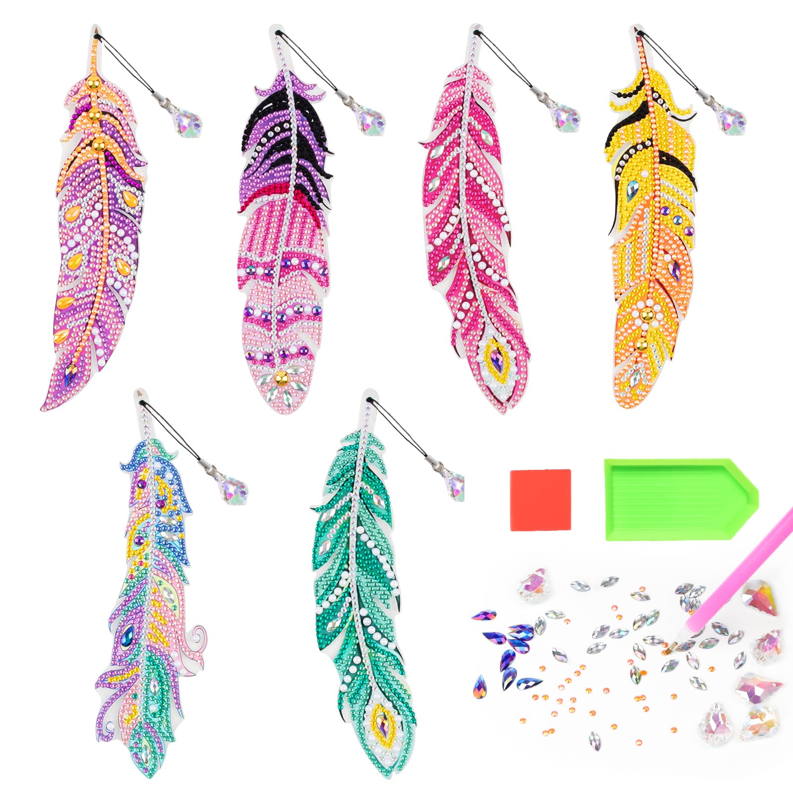 QEEYONDiamond Painting Bookmarks Kits, DIY 5D Colorful Feather Diamond Art Bookmarks with Tassel Crystal Rhinestone Pendant for Children Adults Diamond Painting kit for Christmas Art Crafts Gifts
