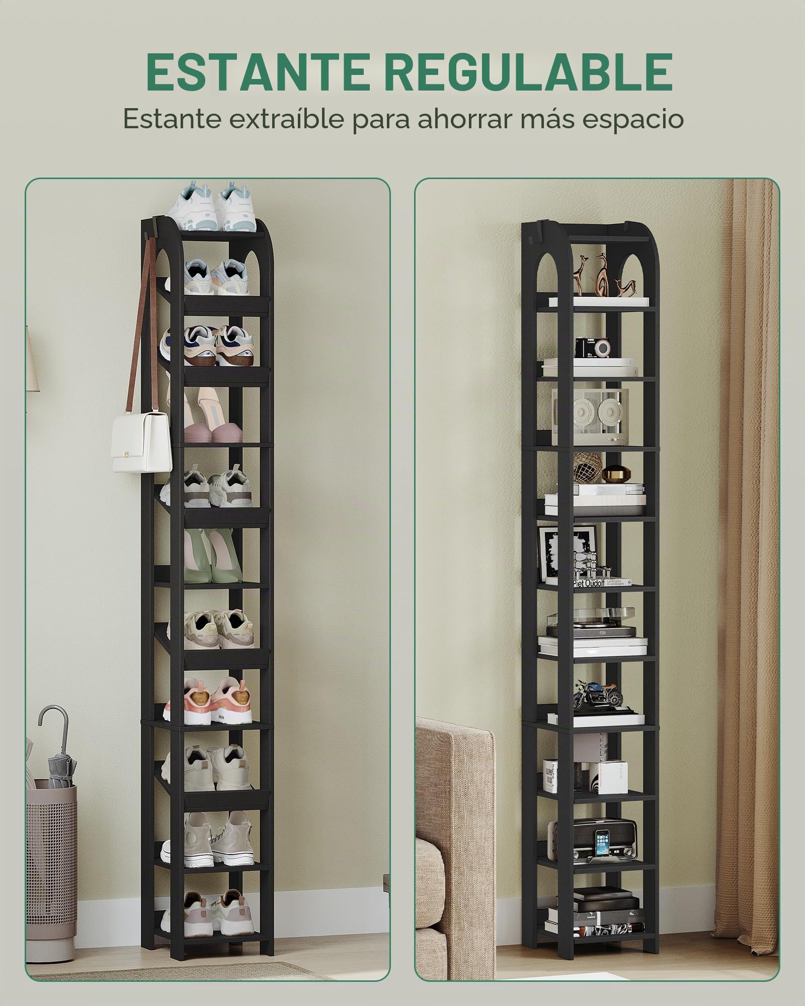 Hzuaneri Zapatero, 11 Estantes, con Ganchos, Negro | Organizador de Zapatos de Madera Para Armario, Entrada, Torre de Zapatos Para Habitaciones Pequeñas, Ajustable, SR12406X