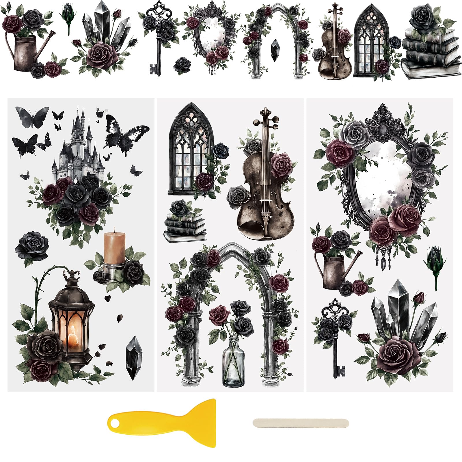 WANDIC 3 Sheets UV DTF Wraps Stickers,Night Roses Cup Decals Furniture Stickers Waterproof Transfers Window Decals for Glass and DIY Crafts
